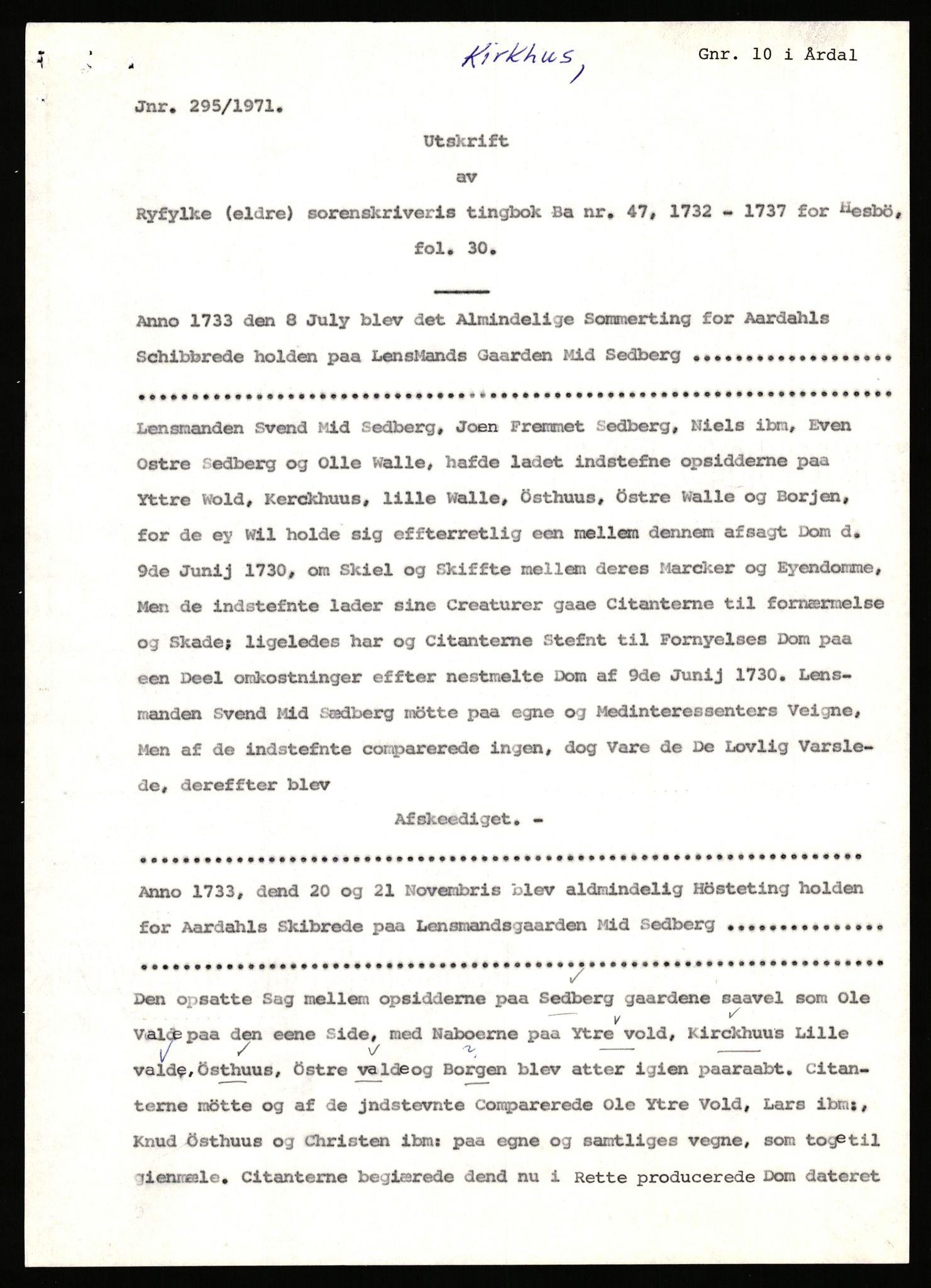 Statsarkivet i Stavanger, SAST/A-101971/03/Y/Yj/L0047: Avskrifter sortert etter gårdsnavn: Kirketeigen - Klovning, 1750-1930, p. 67