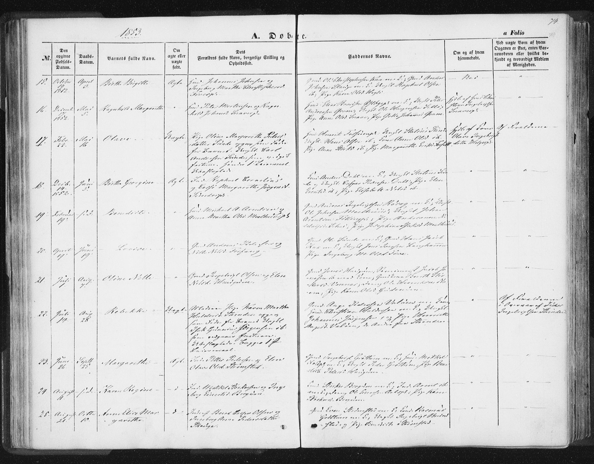Ministerialprotokoller, klokkerbøker og fødselsregistre - Nord-Trøndelag, SAT/A-1458/746/L0446: Parish register (official) no. 746A05, 1846-1859, p. 74