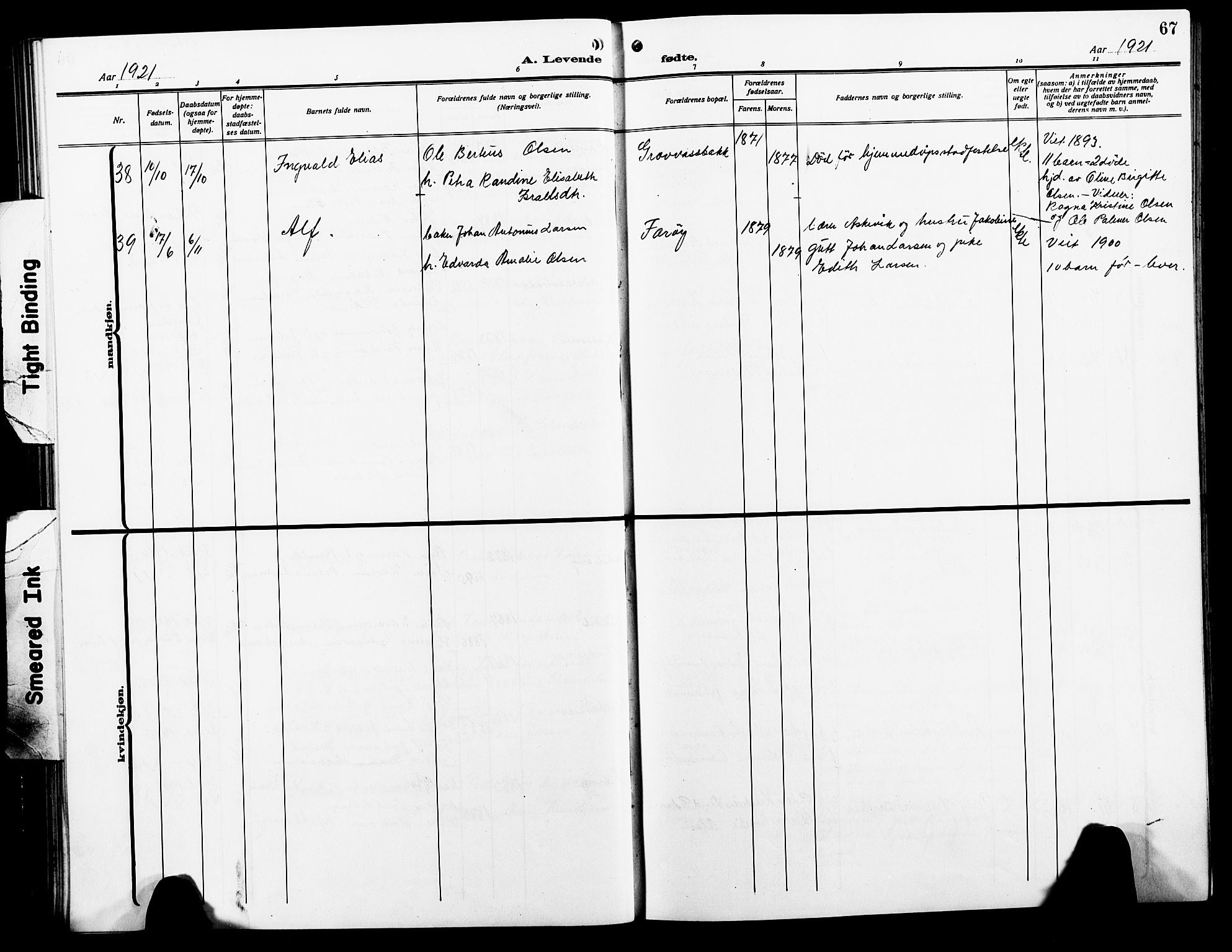 Ministerialprotokoller, klokkerbøker og fødselsregistre - Nordland, AV/SAT-A-1459/854/L0787: Parish register (copy) no. 854C03, 1913-1926, p. 67