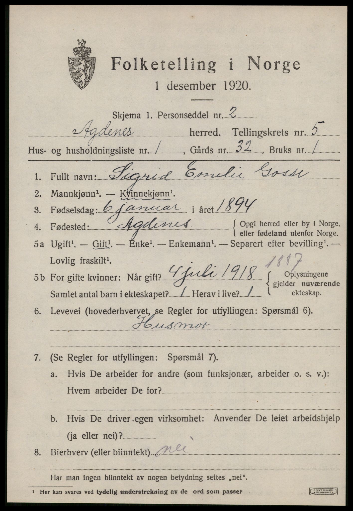 SAT, 1920 census for Agdenes, 1920, p. 2267