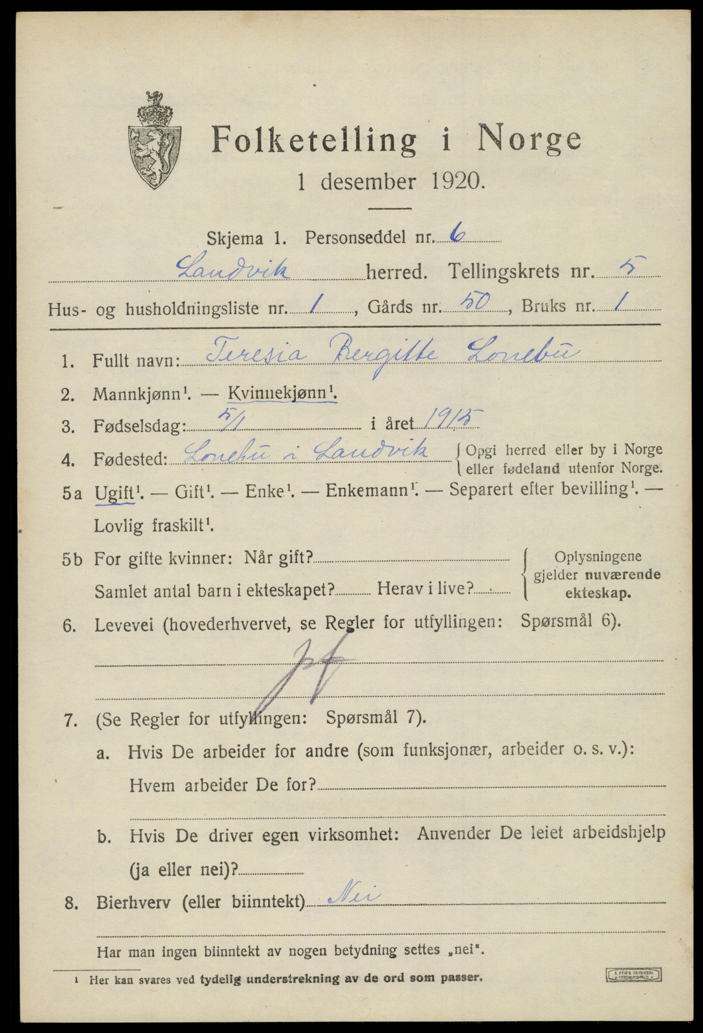 SAK, 1920 census for Landvik, 1920, p. 4018