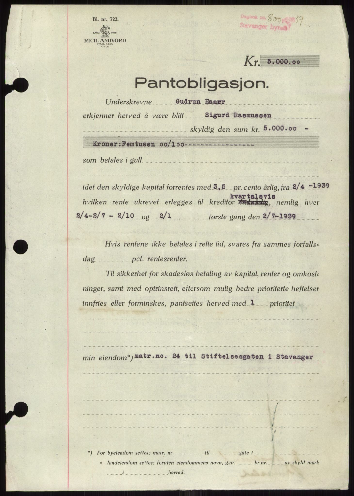 Stavanger byrett, SAST/A-100455/002/G/Gb/L0033: Mortgage book, 1936-1950, Diary no: : 800/1939