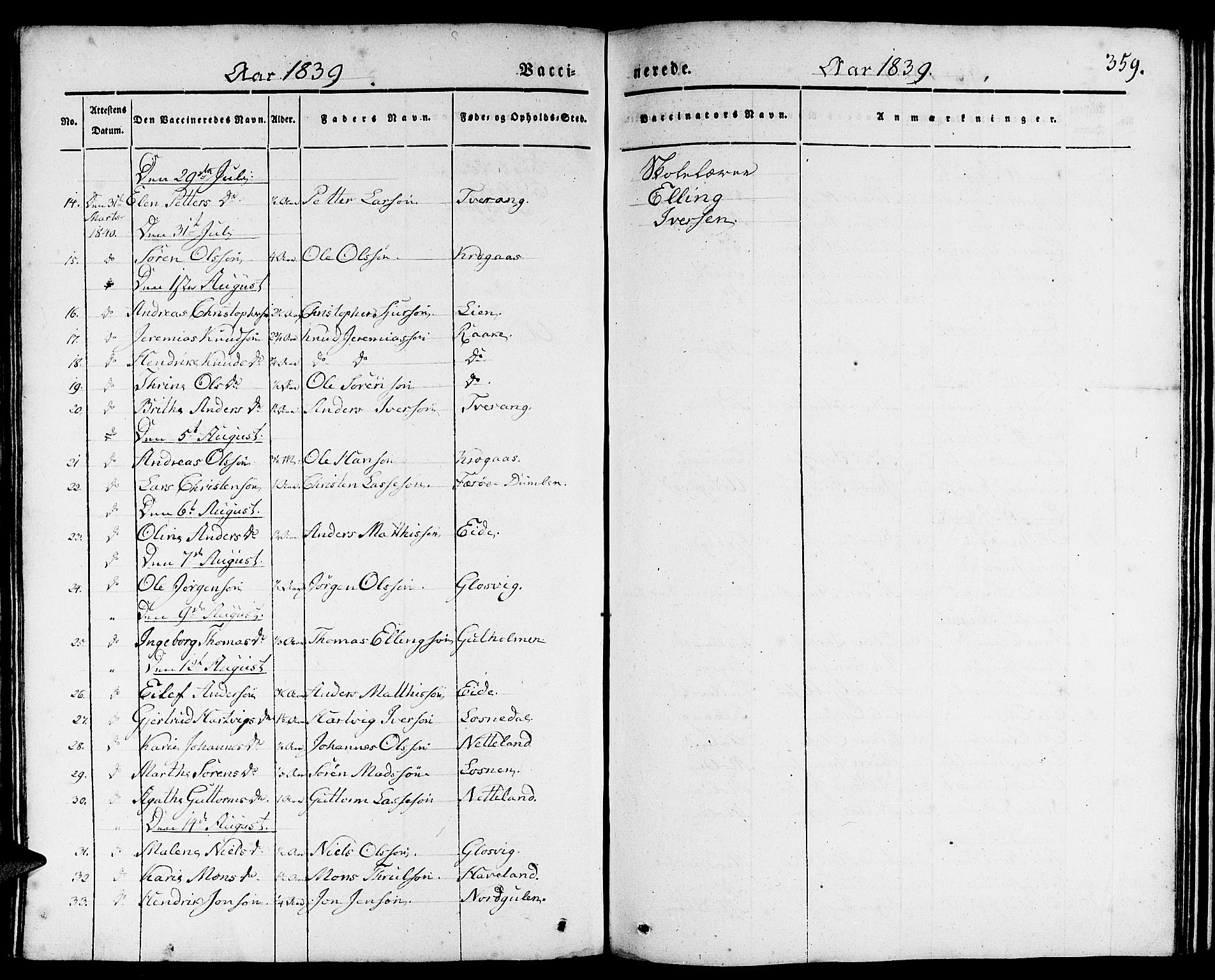 Gulen sokneprestembete, AV/SAB-A-80201/H/Haa/Haaa/L0020: Parish register (official) no. A 20, 1837-1847, p. 359