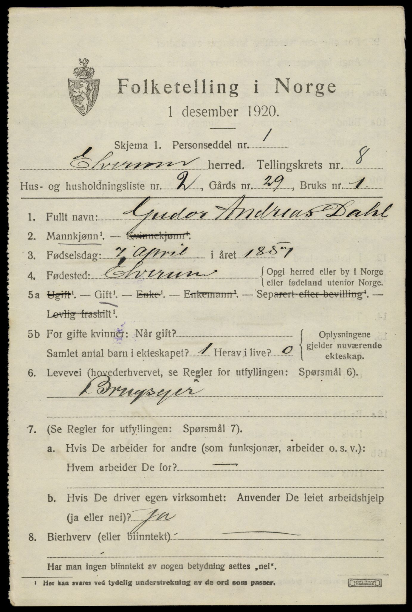 SAH, 1920 census for Elverum, 1920, p. 13106