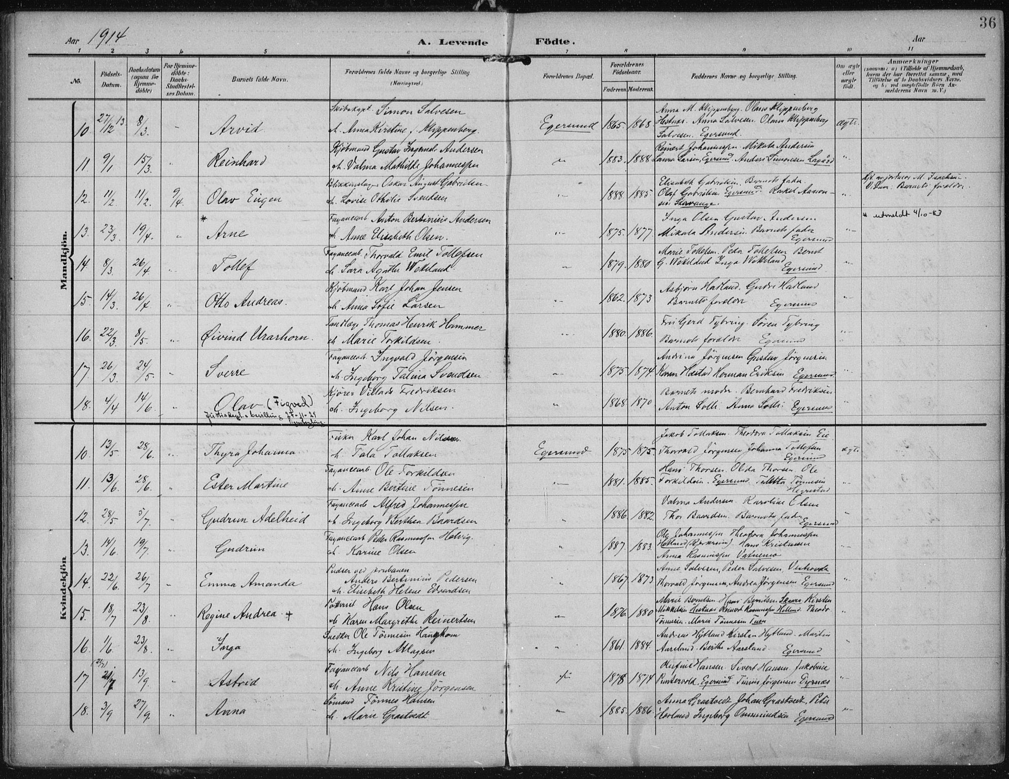 Eigersund sokneprestkontor, AV/SAST-A-101807/S08/L0022: Parish register (official) no. A 21, 1905-1928, p. 36