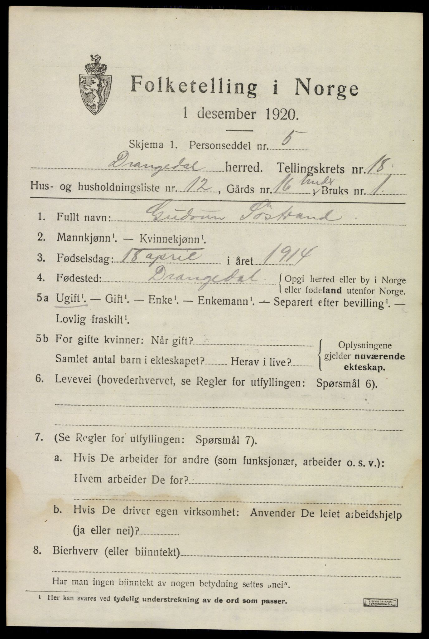 SAKO, 1920 census for Drangedal, 1920, p. 8419