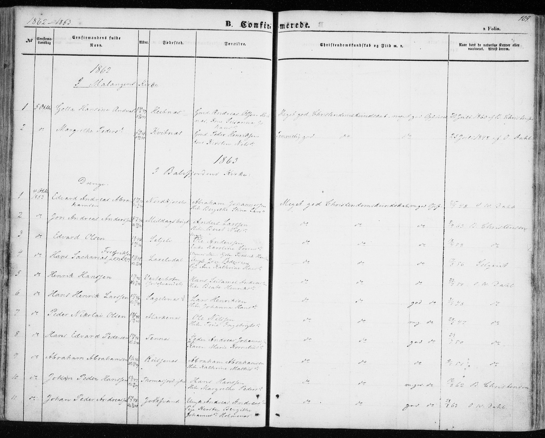 Balsfjord sokneprestembete, SATØ/S-1303/G/Ga/L0003kirke: Parish register (official) no. 3, 1856-1870, p. 109