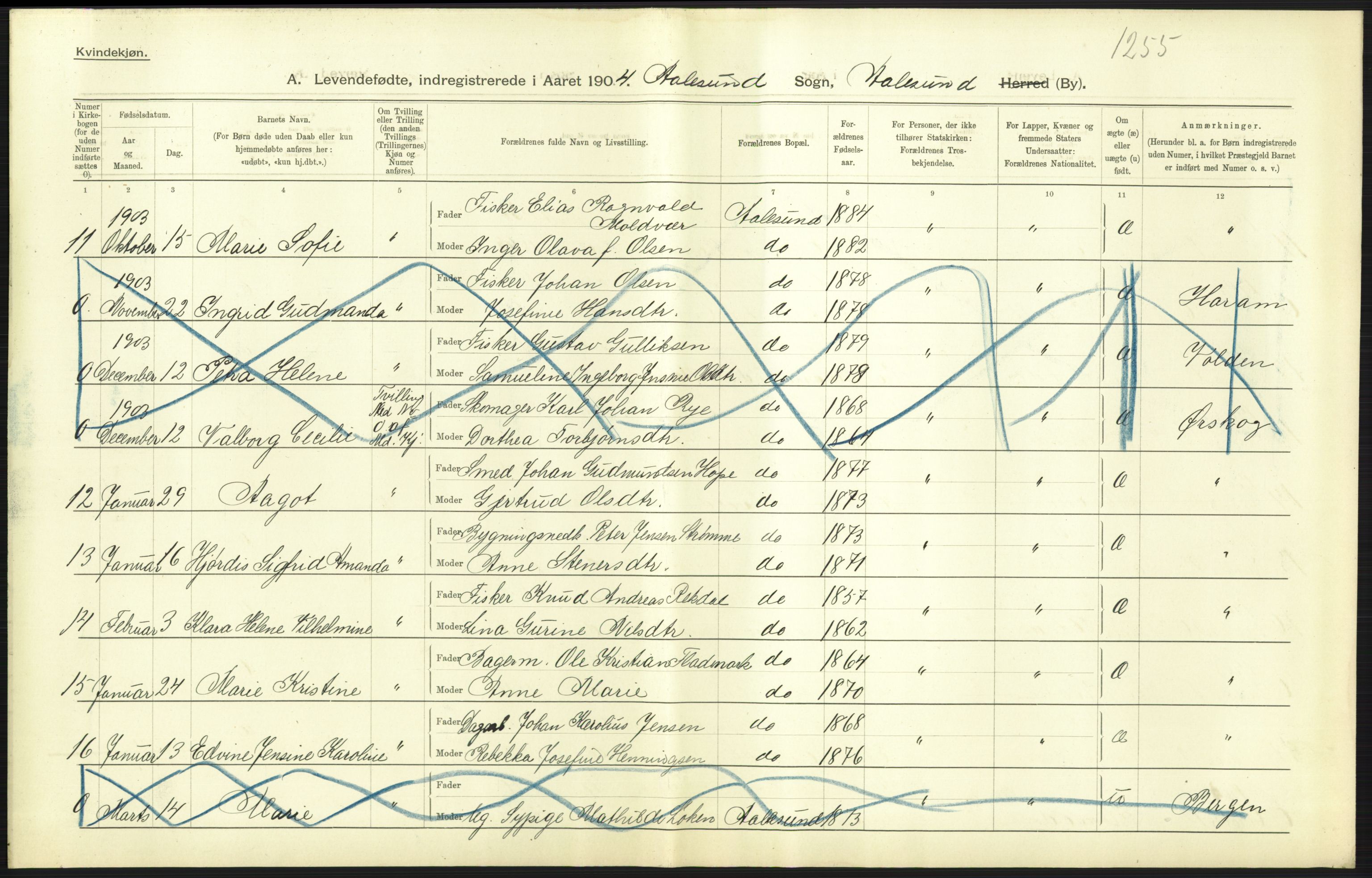 Statistisk sentralbyrå, Sosiodemografiske emner, Befolkning, AV/RA-S-2228/D/Df/Dfa/Dfab/L0016: Romsdals amt: Fødte, gifte, døde., 1904, p. 569