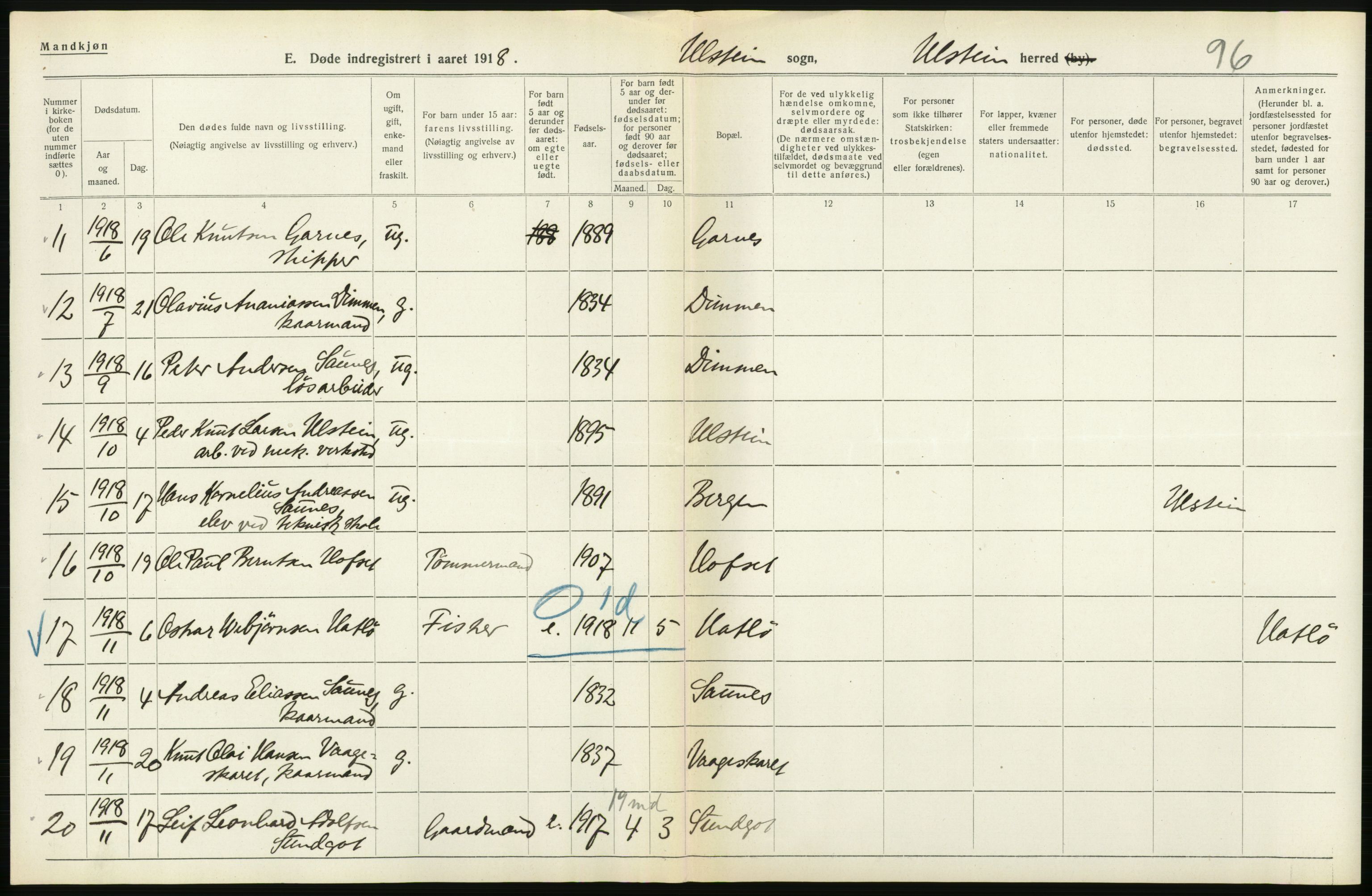 Statistisk sentralbyrå, Sosiodemografiske emner, Befolkning, AV/RA-S-2228/D/Df/Dfb/Dfbh/L0045: Møre fylke: Døde. Bygder og byer., 1918, p. 312