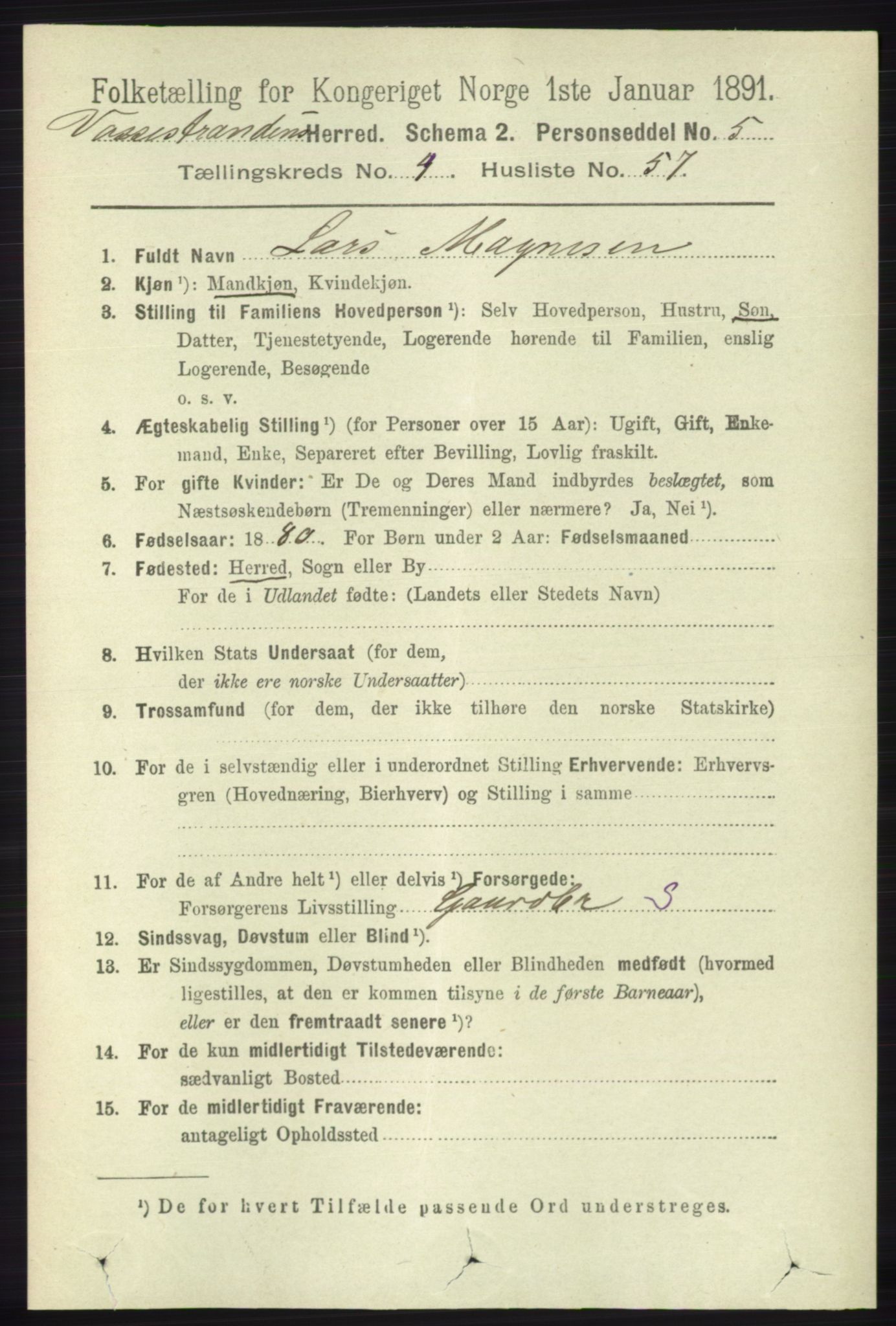 RA, 1891 census for 1236 Vossestrand, 1891, p. 1843