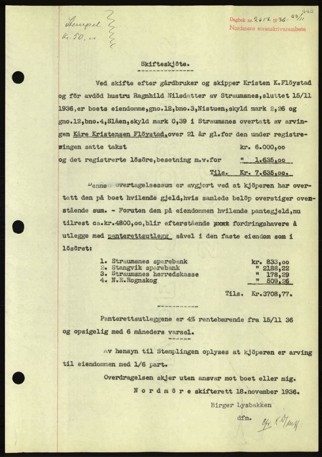 Nordmøre sorenskriveri, AV/SAT-A-4132/1/2/2Ca: Mortgage book no. A80, 1936-1937, Diary no: : 2617/1936