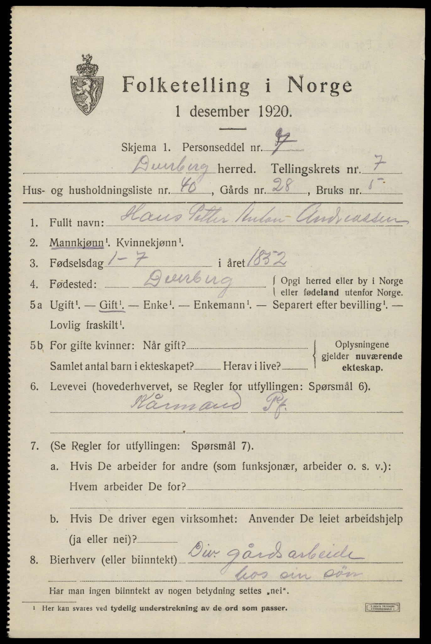 SAT, 1920 census for Dverberg, 1920, p. 7108