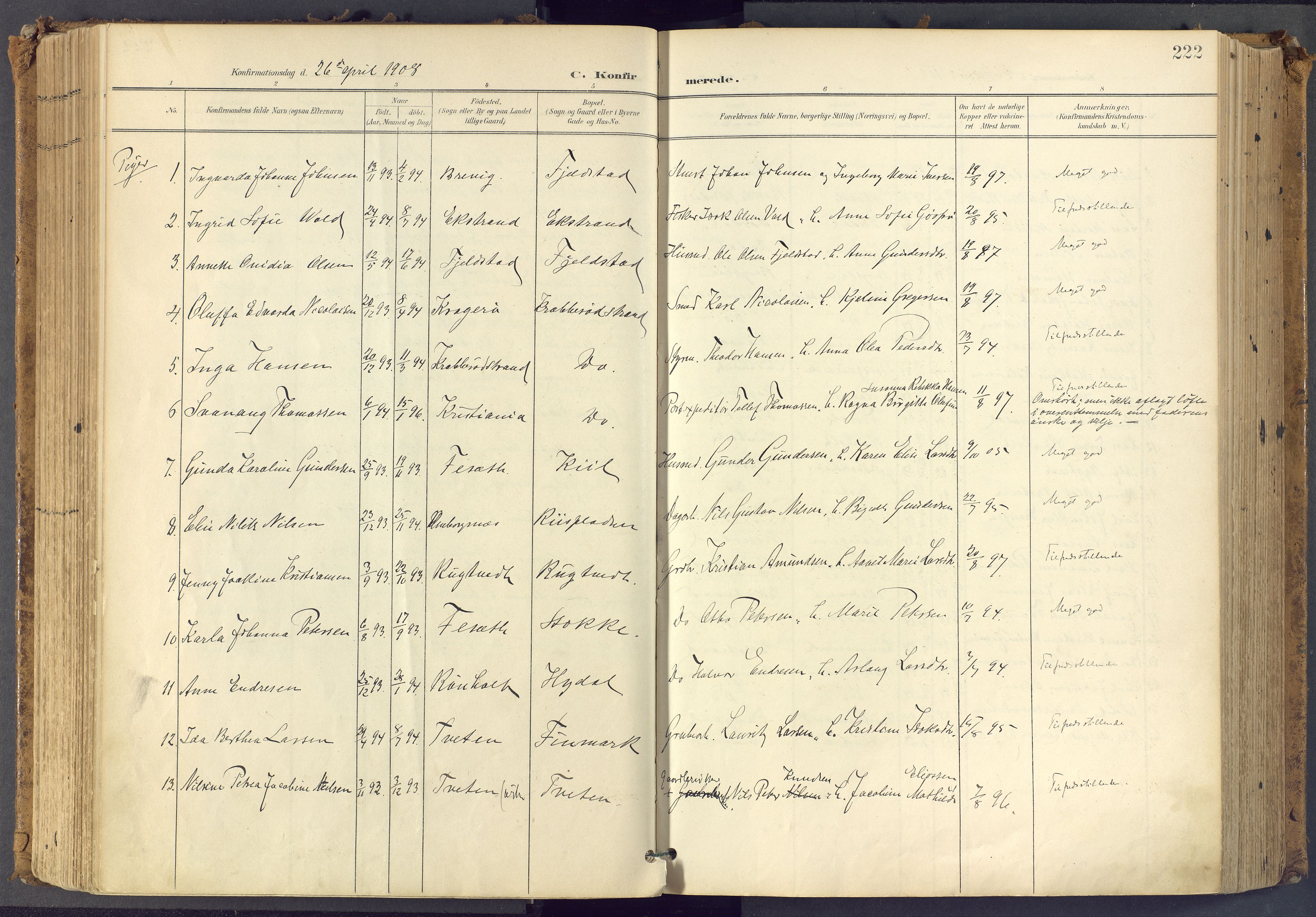 Bamble kirkebøker, SAKO/A-253/F/Fa/L0009: Parish register (official) no. I 9, 1901-1917, p. 222