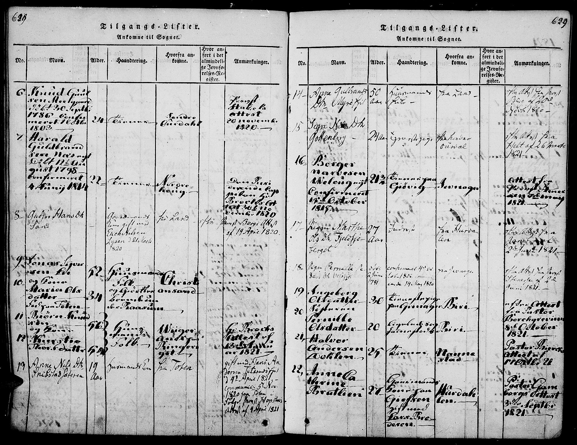 Gran prestekontor, SAH/PREST-112/H/Ha/Haa/L0009: Parish register (official) no. 9, 1815-1824, p. 628-629