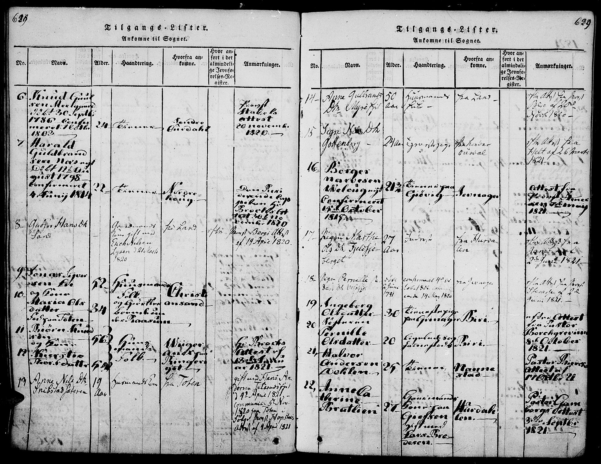 Gran prestekontor, AV/SAH-PREST-112/H/Ha/Haa/L0009: Parish register (official) no. 9, 1815-1824, p. 628-629