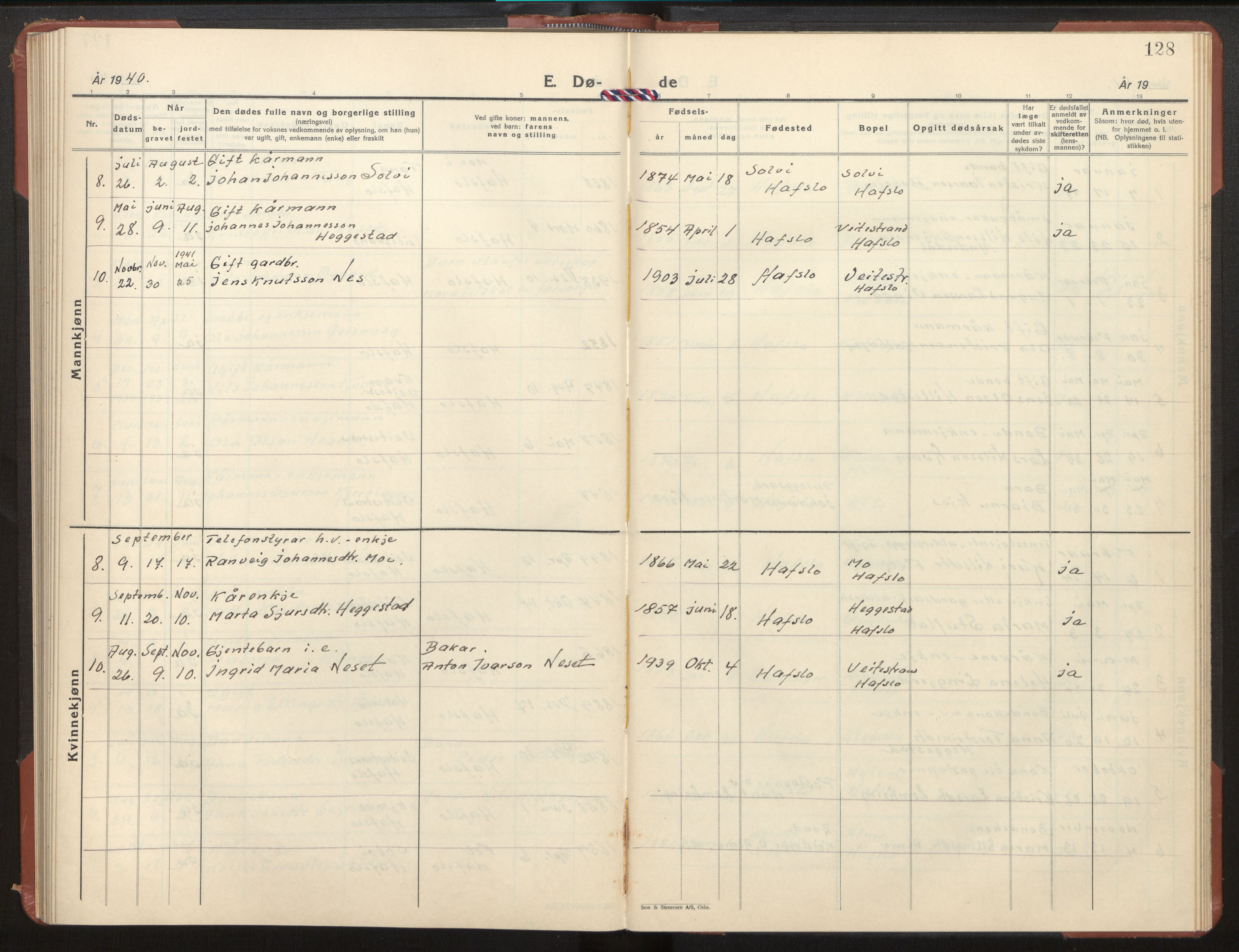 Hafslo sokneprestembete, SAB/A-80301/H/Hab/Habb/L0003: Parish register (copy) no. B 3, 1937-1958, p. 128