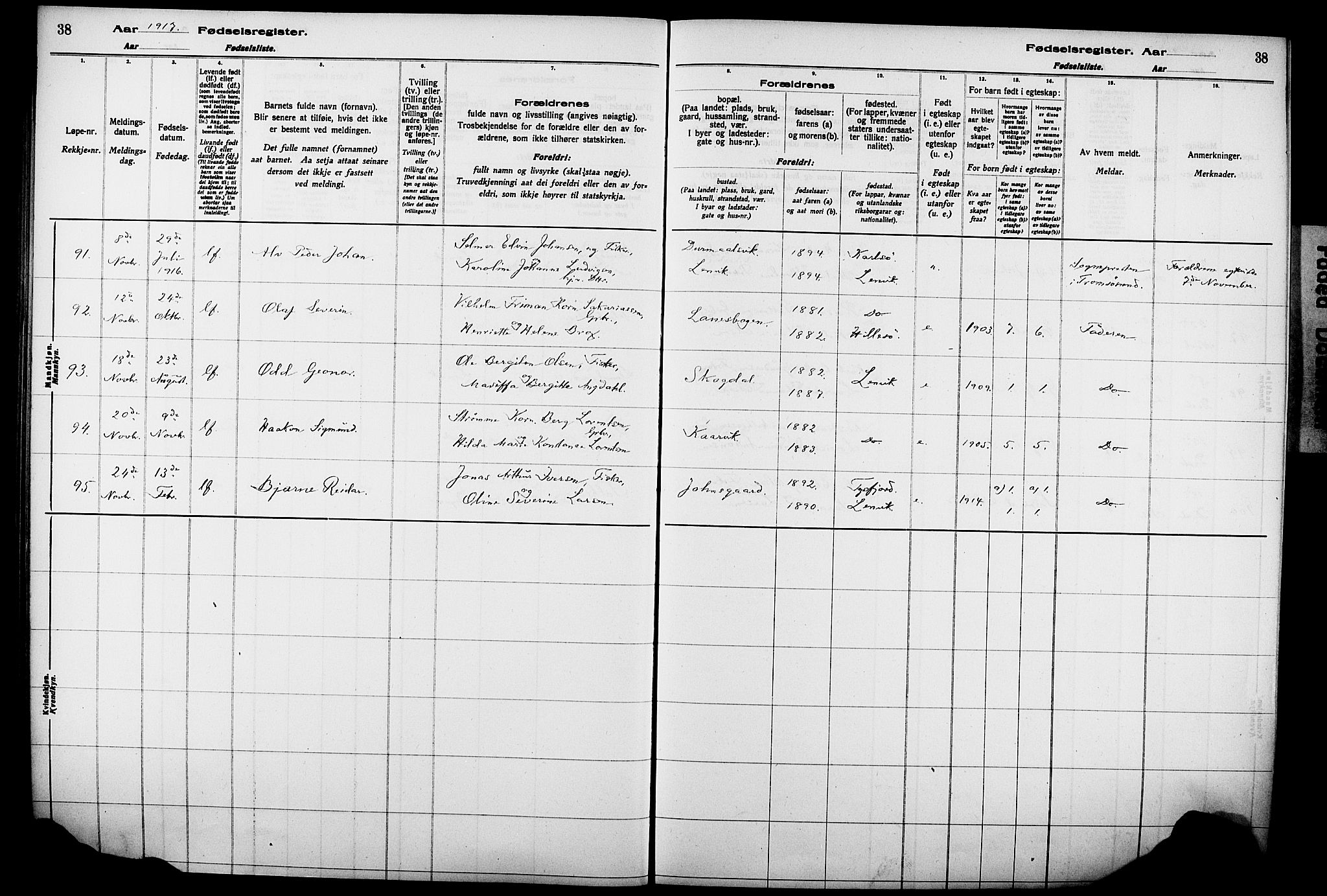 Lenvik sokneprestembete, AV/SATØ-S-1310/I/Ic/L0089: Birth register no. 89, 1916-1926, p. 38