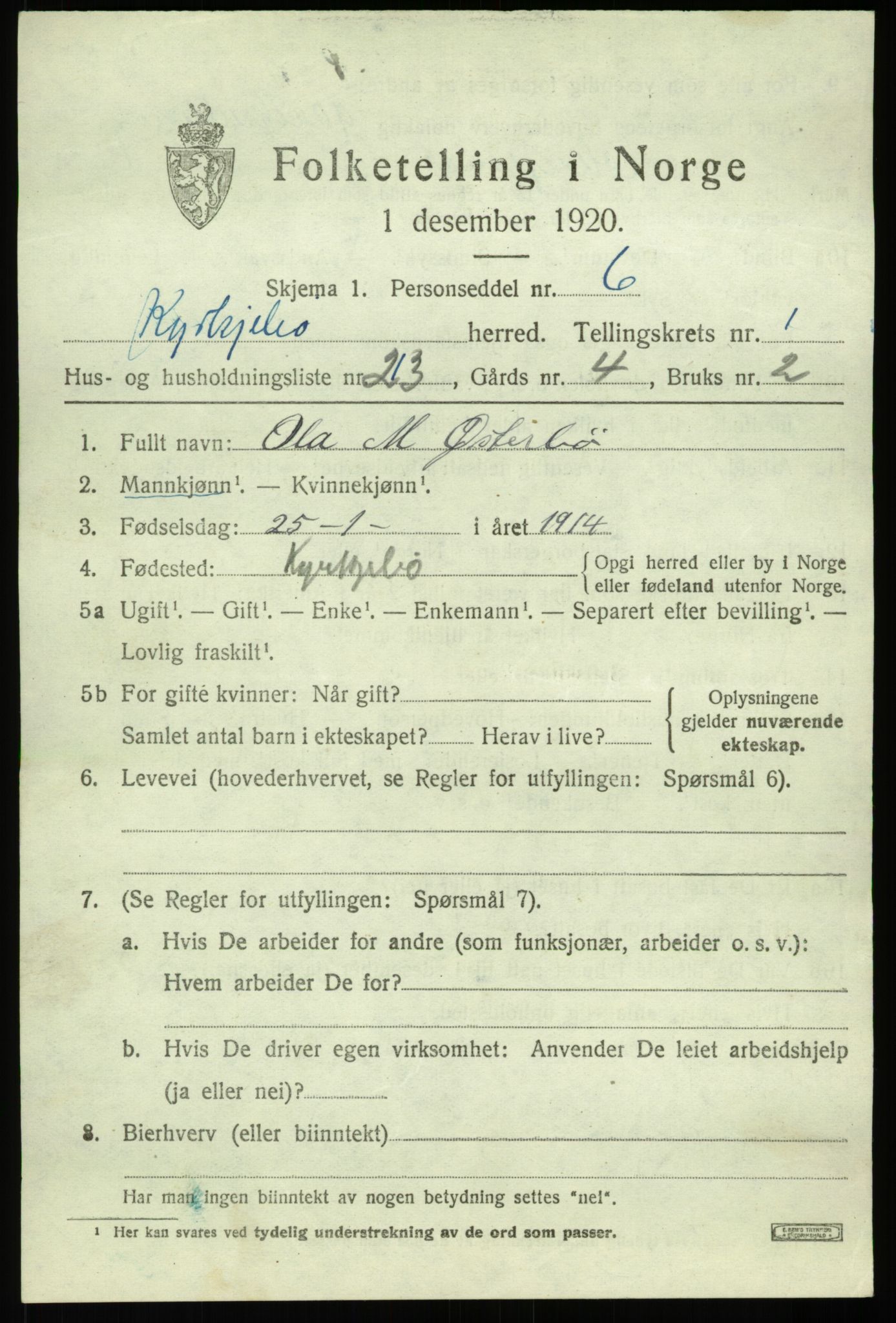 SAB, 1920 census for Kyrkjebø, 1920, p. 1009