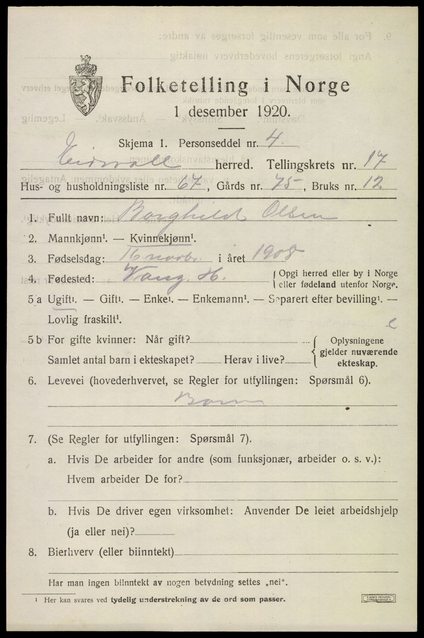 SAO, 1920 census for Eidsvoll, 1920, p. 24391