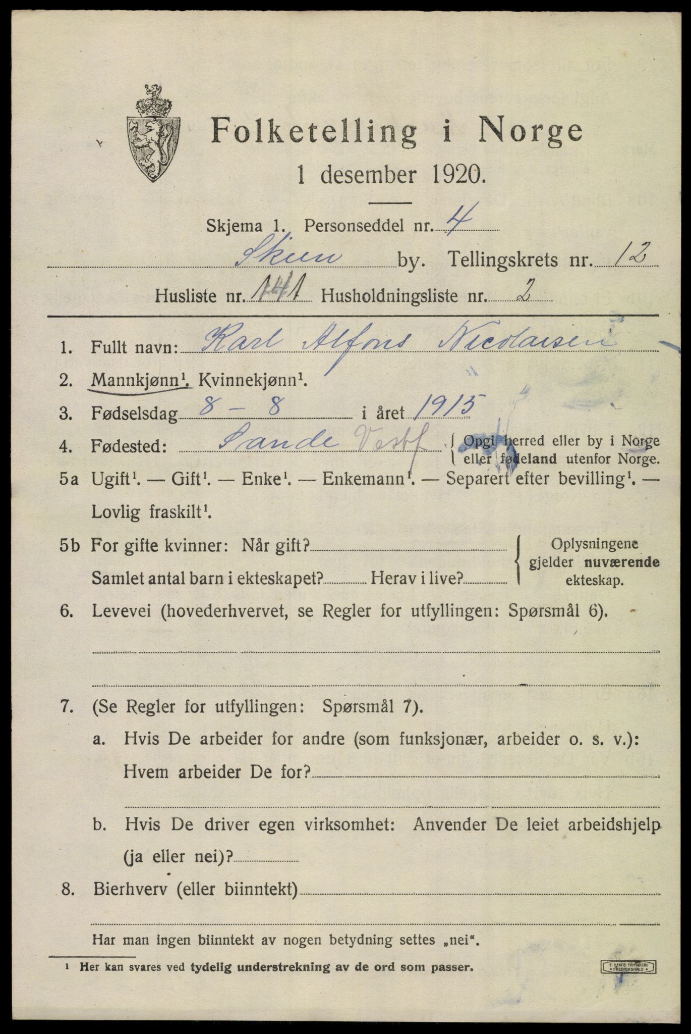 SAKO, 1920 census for Skien, 1920, p. 39460