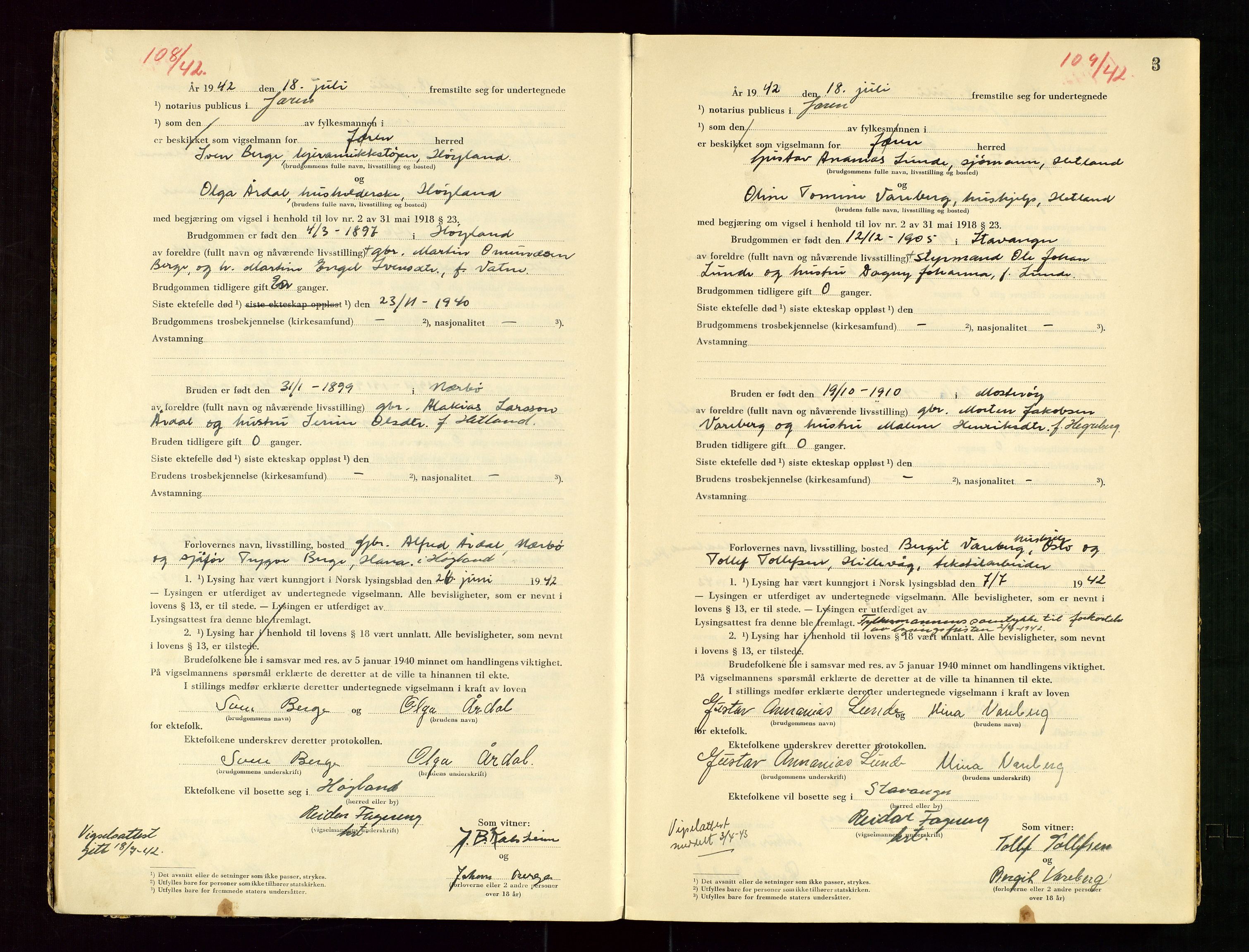 Jæren sorenskriveri, AV/SAST-A-100310/01/6/62/62BA/L0003: VIGSELSPROTOKOLL, 1942, p. 3