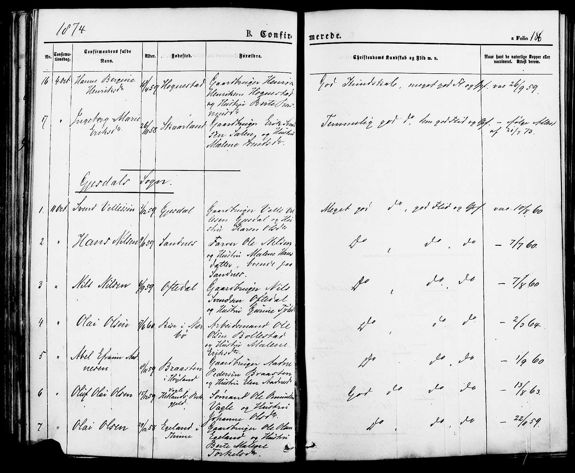 Lye sokneprestkontor, AV/SAST-A-101794/001/30BA/L0008: Parish register (official) no. A 7, 1872-1881, p. 186