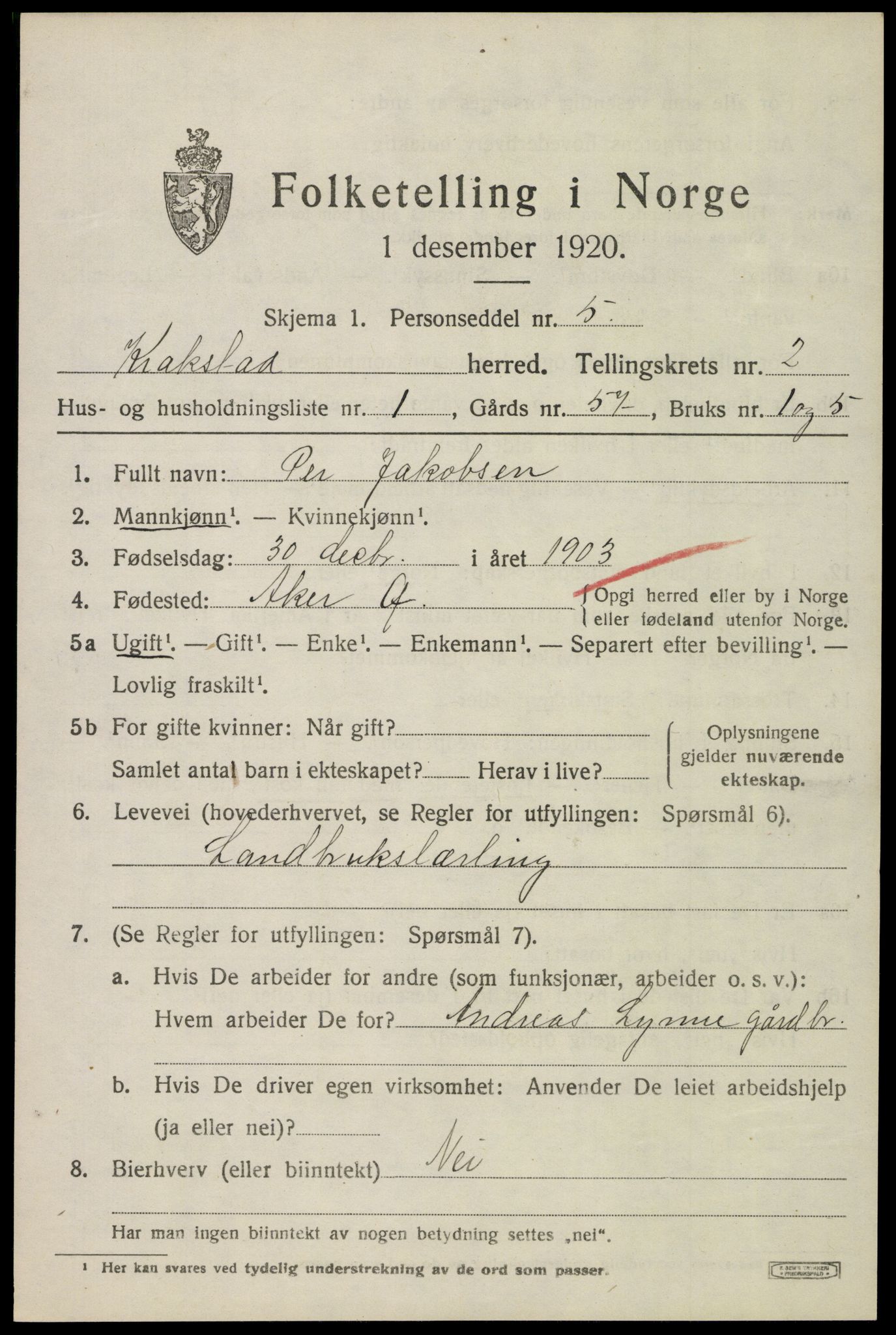 SAO, 1920 census for Kråkstad, 1920, p. 2715