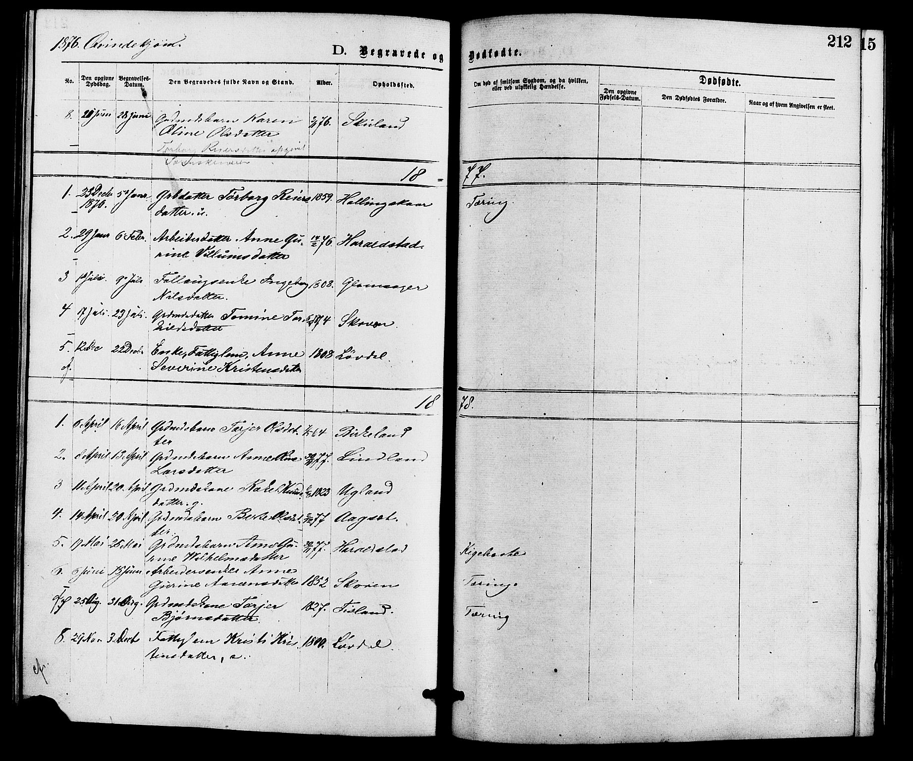 Holum sokneprestkontor, AV/SAK-1111-0022/F/Fa/Fab/L0006: Parish register (official) no. A 6, 1875-1886, p. 212