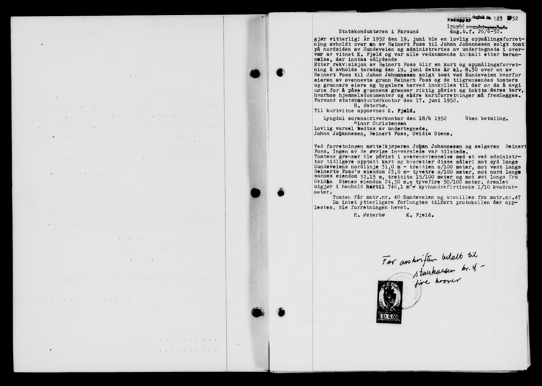 Lyngdal sorenskriveri, AV/SAK-1221-0004/G/Gb/L0667: Mortgage book no. A XIII, 1951-1952, Diary no: : 523/1952