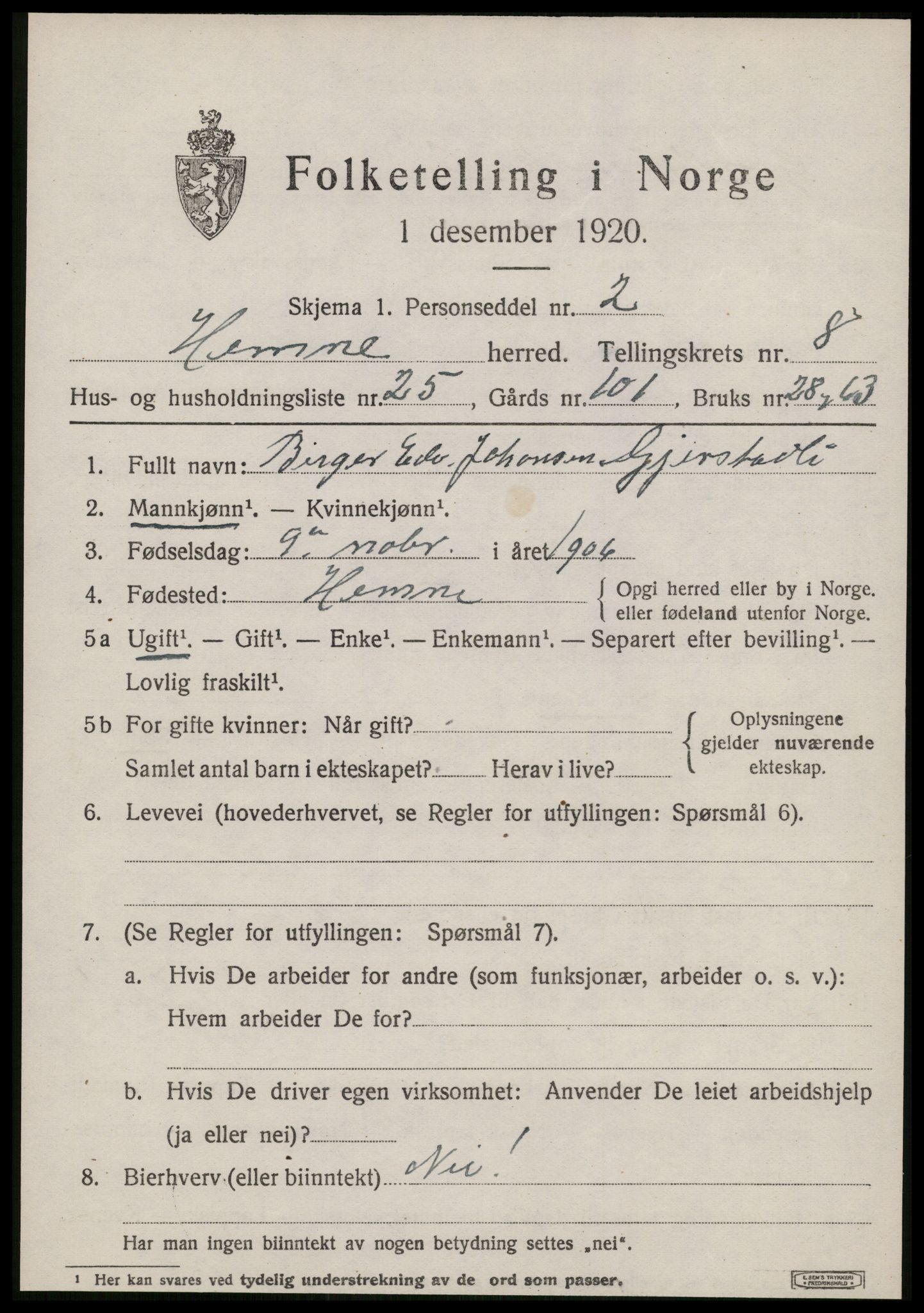 SAT, 1920 census for Hemne, 1920, p. 5012