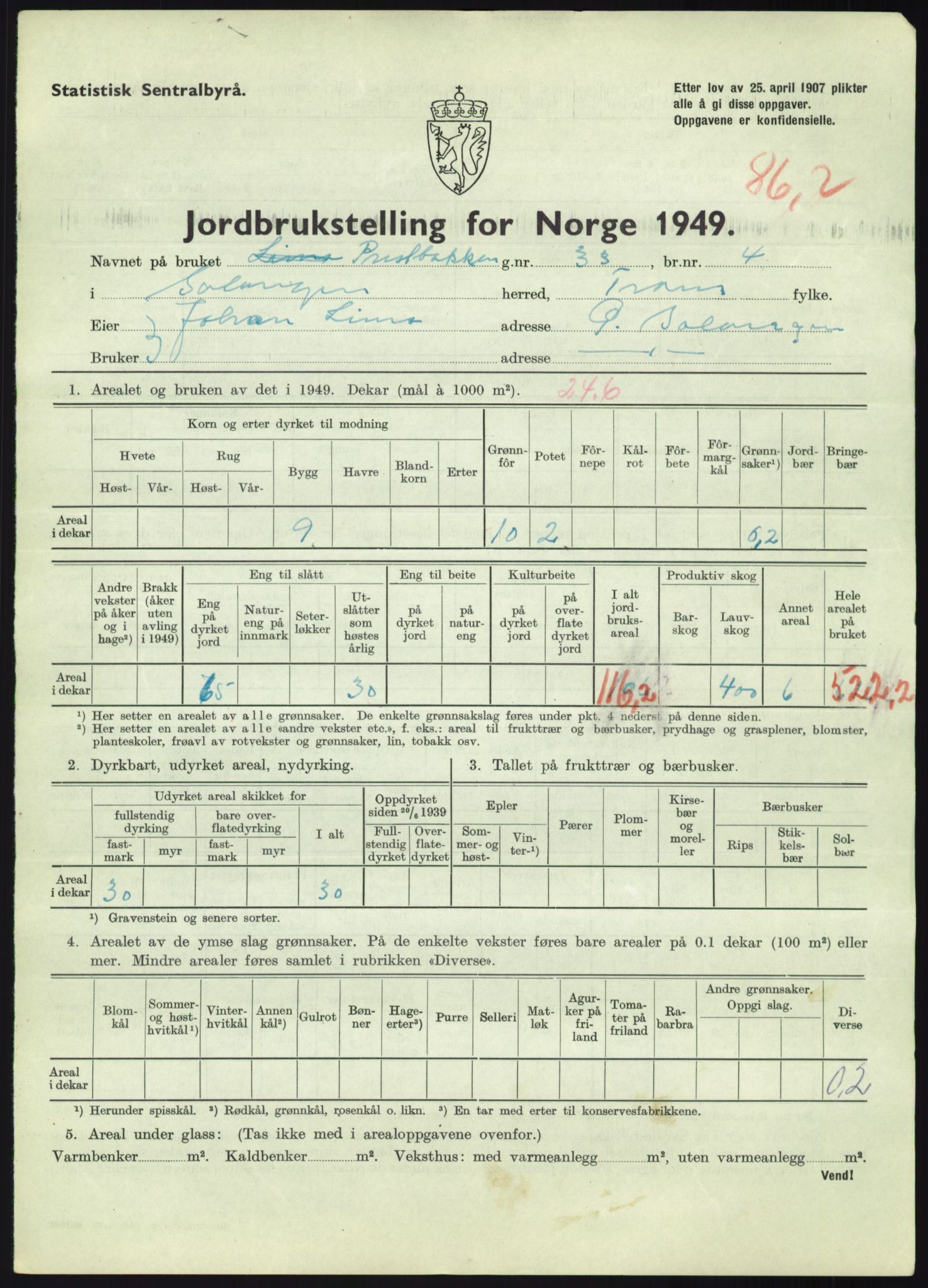 Statistisk sentralbyrå, Næringsøkonomiske emner, Jordbruk, skogbruk, jakt, fiske og fangst, AV/RA-S-2234/G/Gc/L0438: Troms: Salangen og Bardu, 1949, p. 902