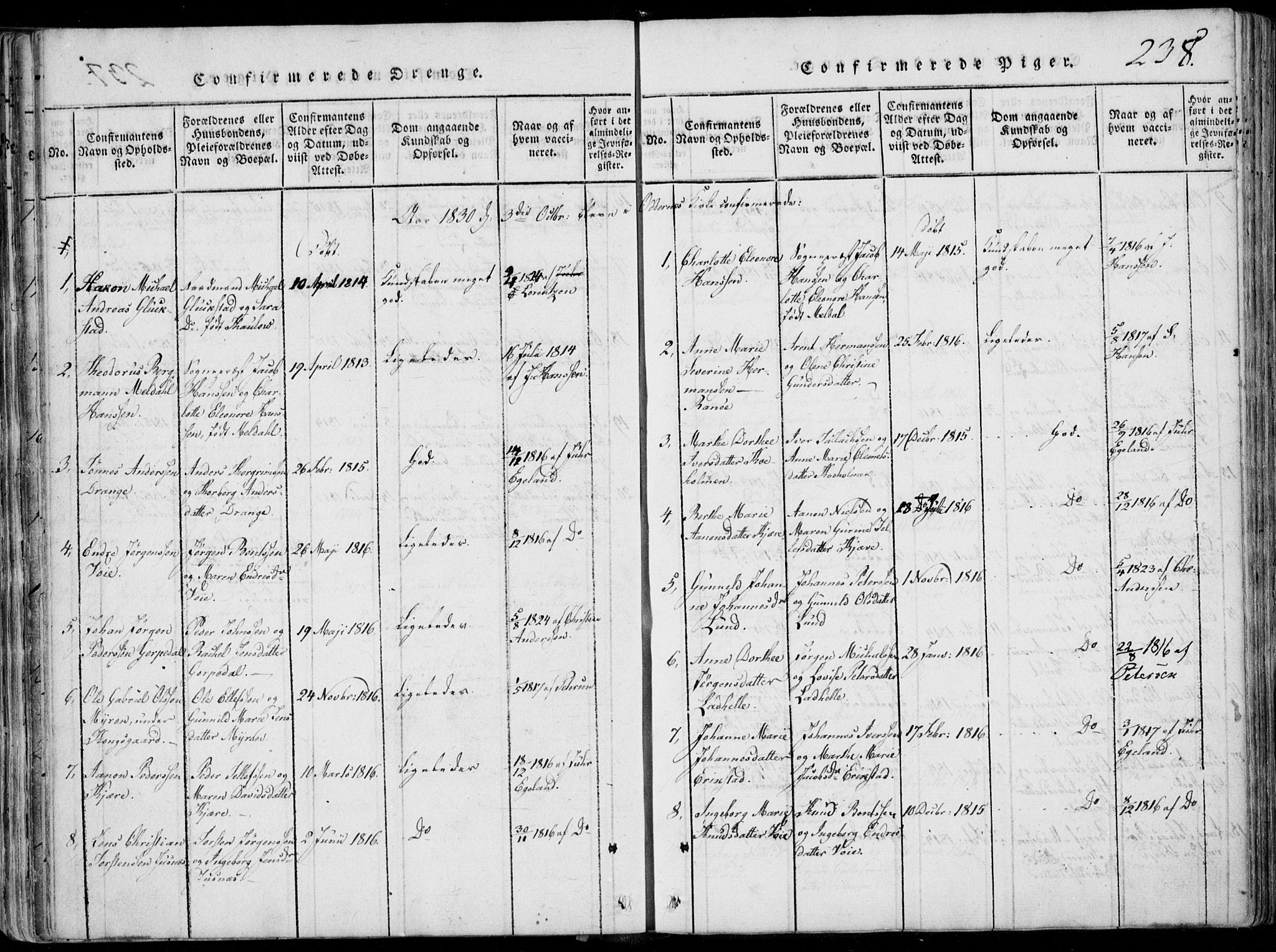 Oddernes sokneprestkontor, AV/SAK-1111-0033/F/Fa/Faa/L0005: Parish register (official) no. A 5, 1820-1838, p. 238