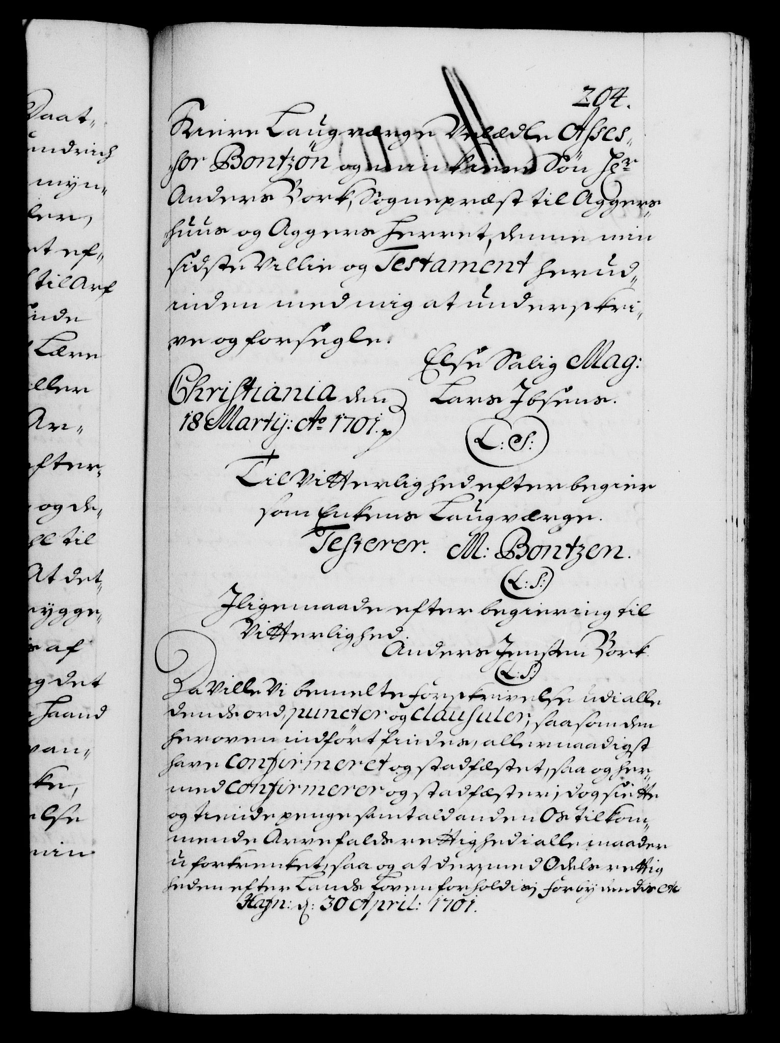 Danske Kanselli 1572-1799, AV/RA-EA-3023/F/Fc/Fca/Fcaa/L0018: Norske registre, 1699-1703, p. 204a