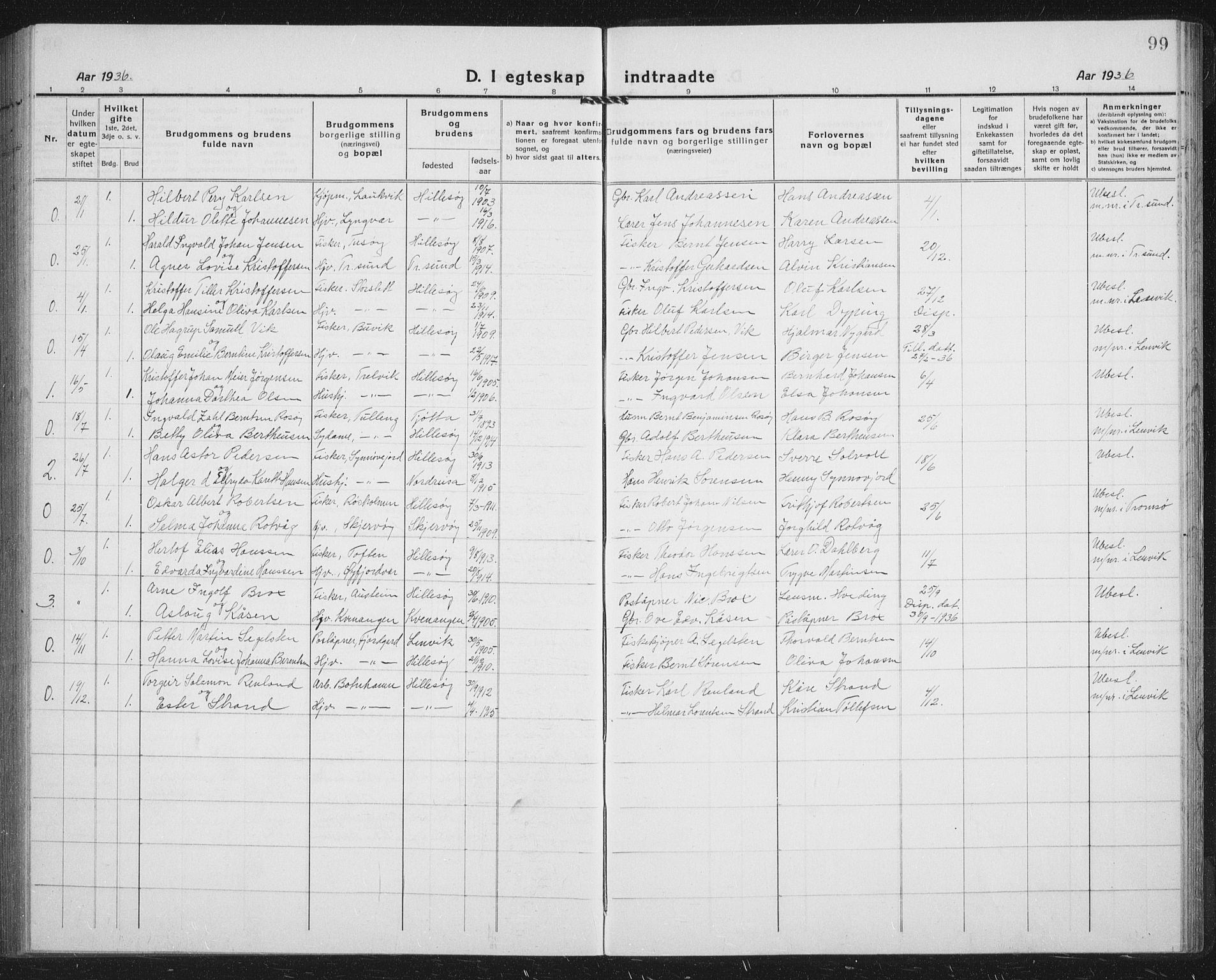 Lenvik sokneprestembete, AV/SATØ-S-1310/H/Ha/Hab/L0023klokker: Parish register (copy) no. 23, 1918-1936, p. 99