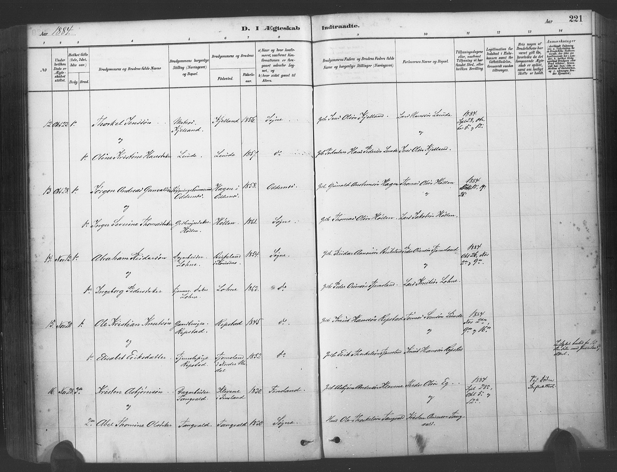 Søgne sokneprestkontor, SAK/1111-0037/F/Fa/Fab/L0012: Parish register (official) no. A 12, 1880-1891, p. 221