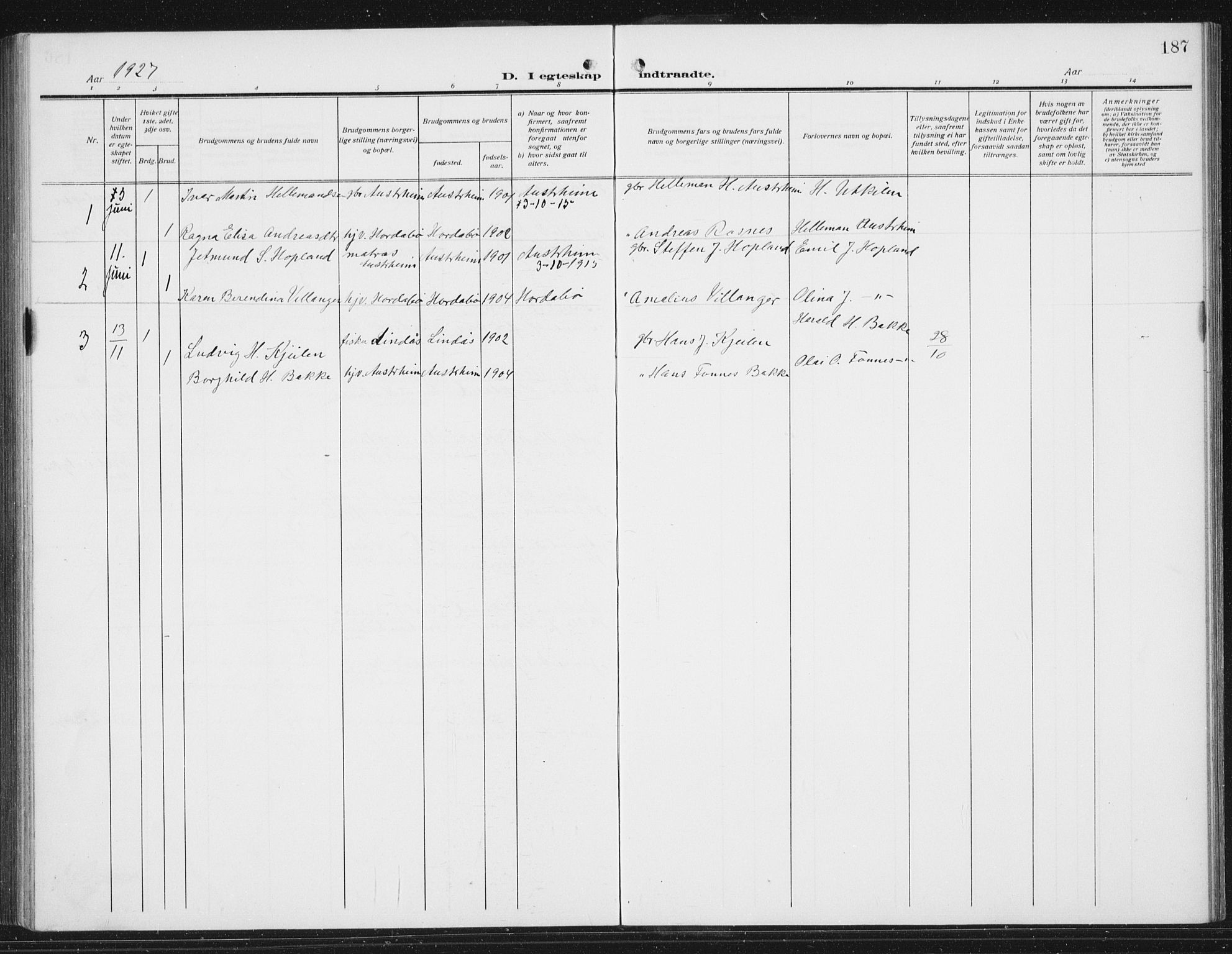 Lindås Sokneprestembete, AV/SAB-A-76701/H/Hab/Habc/L0005: Parish register (copy) no. C 5, 1910-1927, p. 187