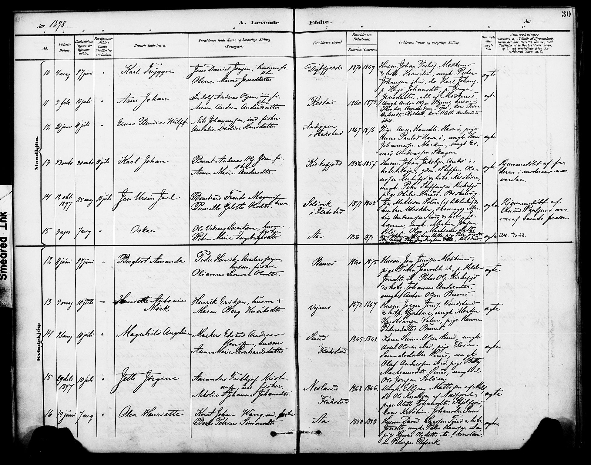 Ministerialprotokoller, klokkerbøker og fødselsregistre - Nordland, AV/SAT-A-1459/886/L1220: Parish register (official) no. 886A02, 1892-1903, p. 30