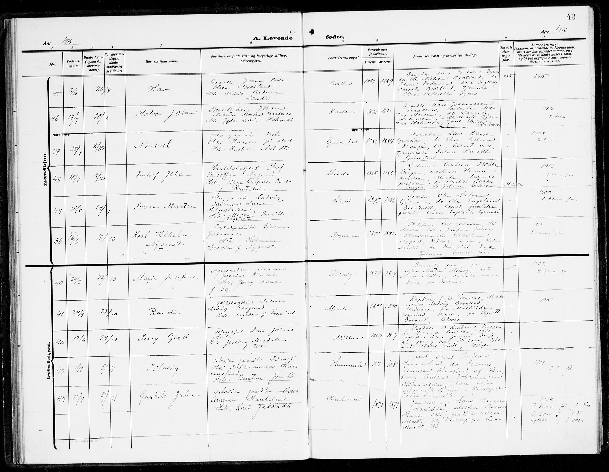 Fana Sokneprestembete, AV/SAB-A-75101/H/Haa/Haai/L0004: Parish register (official) no. I 4, 1912-1933, p. 43