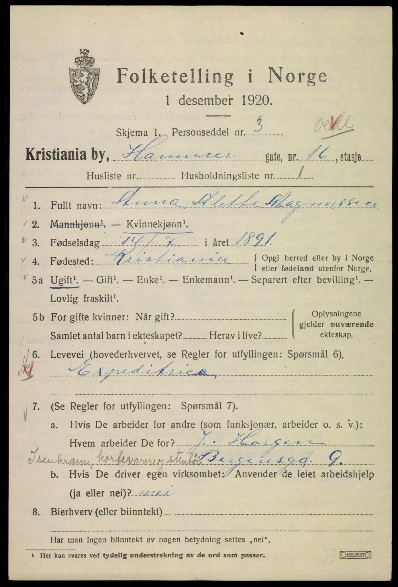 SAO, 1920 census for Kristiania, 1920, p. 268513