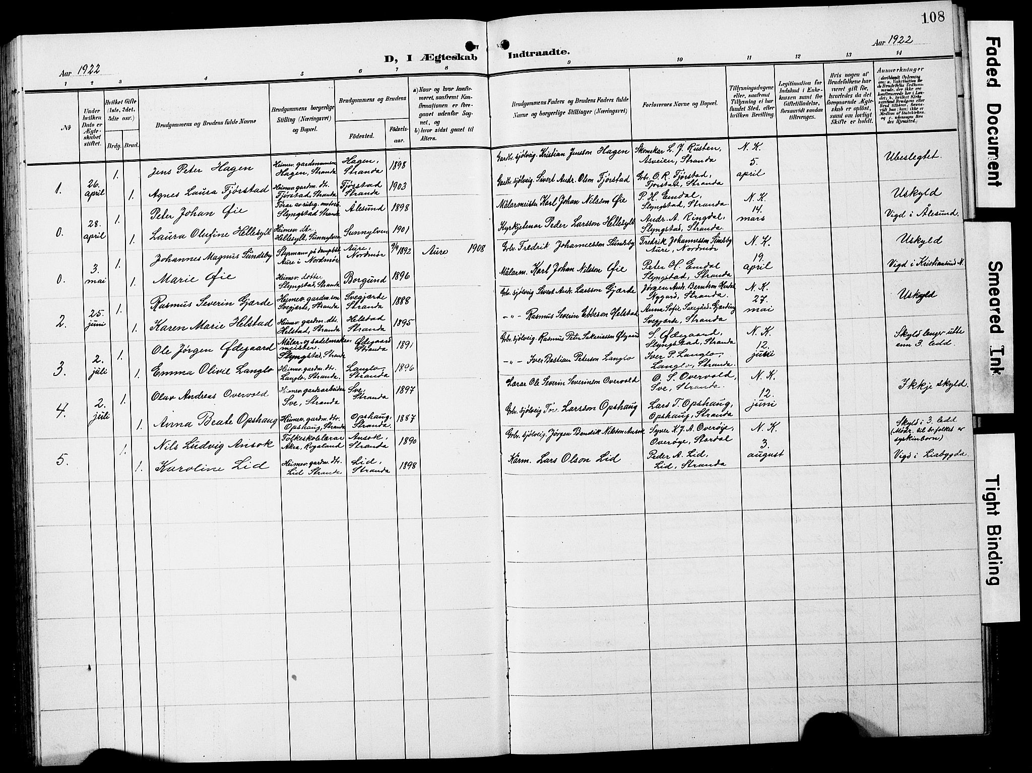 Ministerialprotokoller, klokkerbøker og fødselsregistre - Møre og Romsdal, AV/SAT-A-1454/520/L0293: Parish register (copy) no. 520C05, 1902-1923, p. 108