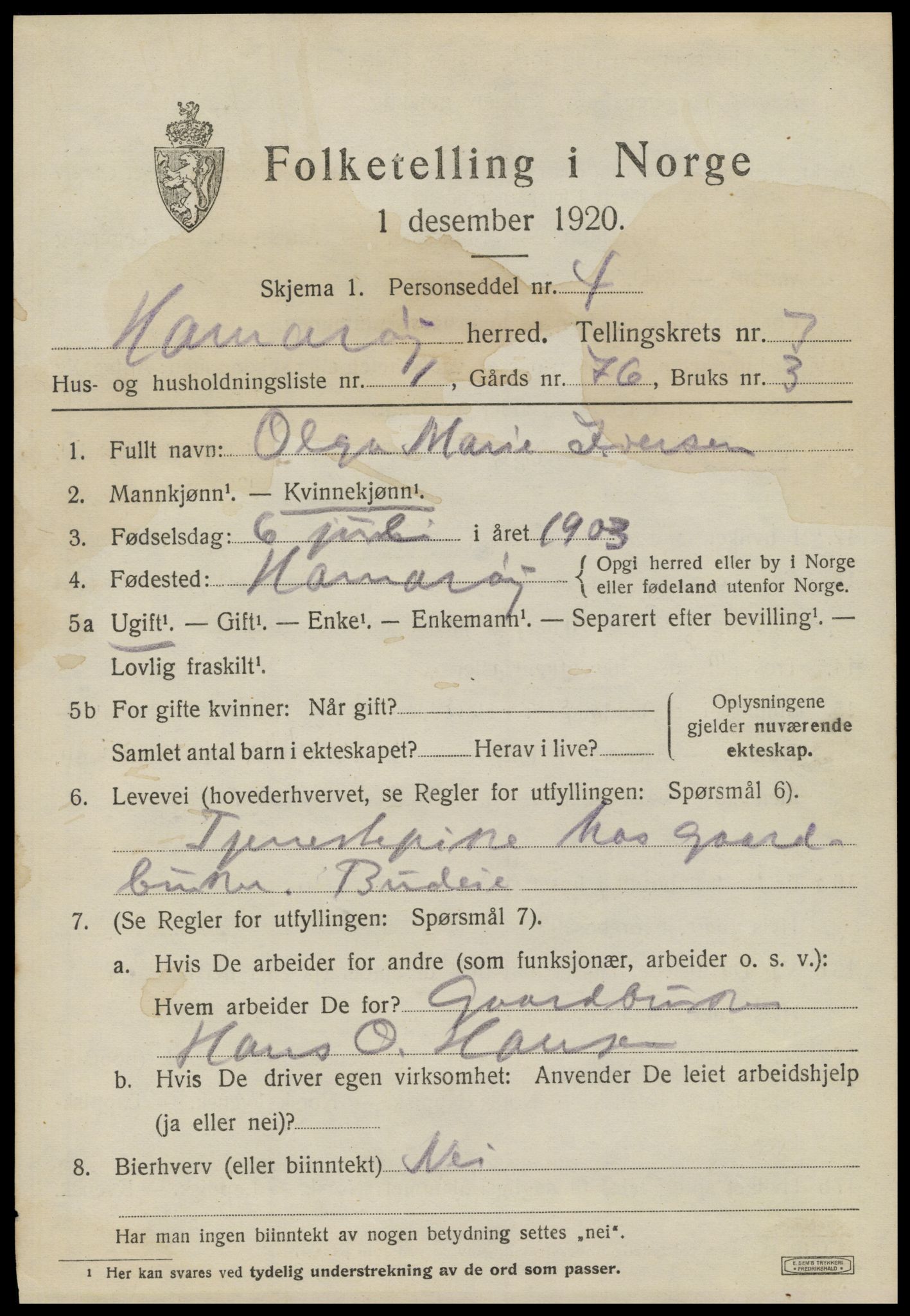 SAT, 1920 census for Hamarøy, 1920, p. 2108