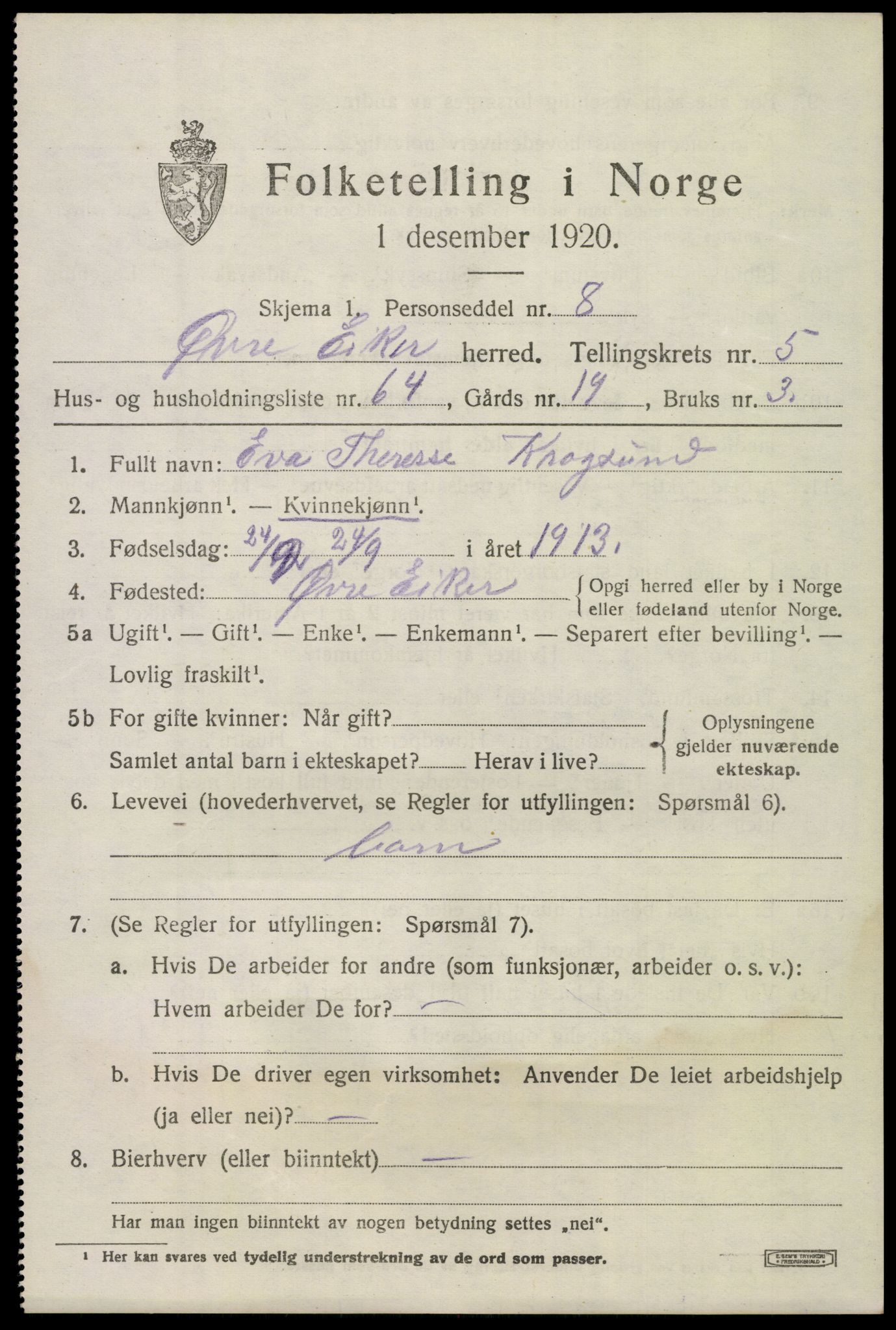 SAKO, 1920 census for Øvre Eiker, 1920, p. 12772