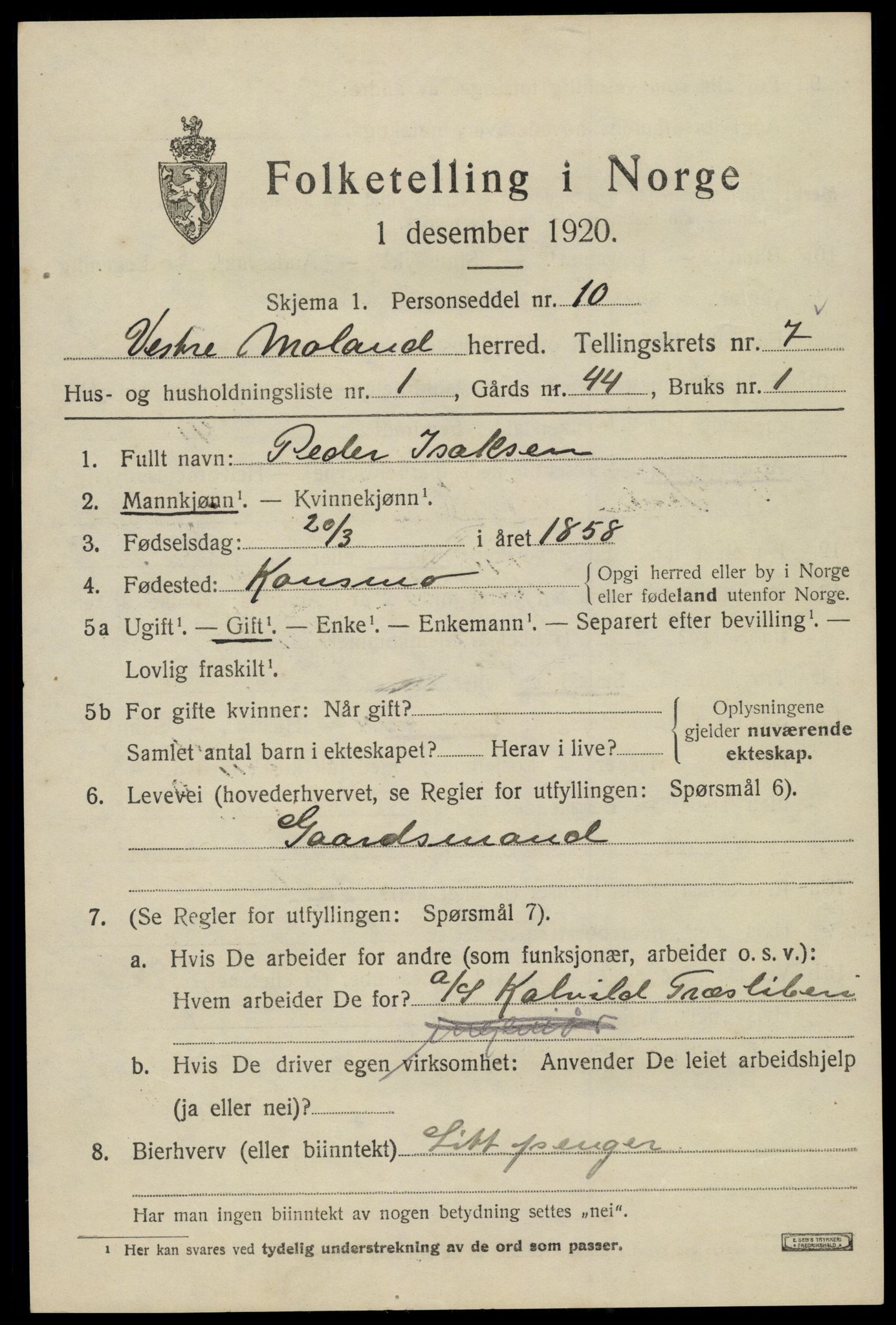 SAK, 1920 census for Vestre Moland, 1920, p. 4787