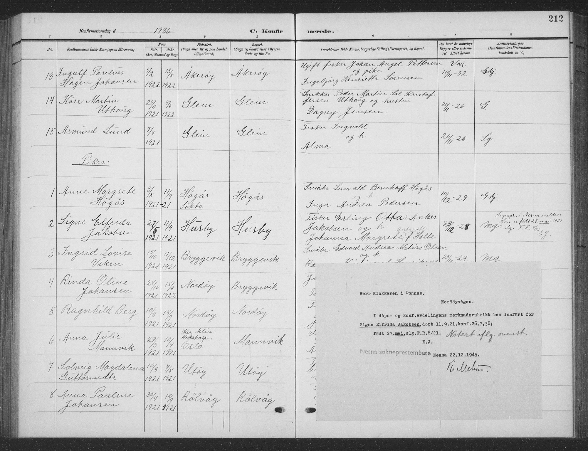 Ministerialprotokoller, klokkerbøker og fødselsregistre - Nordland, AV/SAT-A-1459/835/L0533: Parish register (copy) no. 835C05, 1906-1939, p. 212