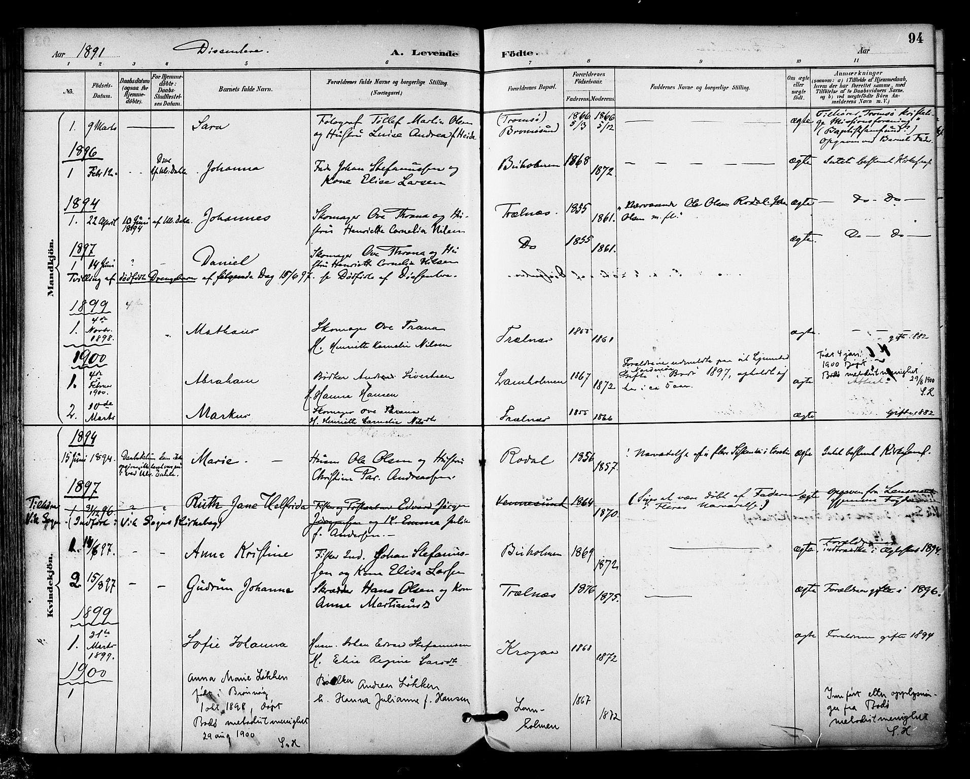 Ministerialprotokoller, klokkerbøker og fødselsregistre - Nordland, SAT/A-1459/813/L0200: Parish register (official) no. 813A10, 1886-1900, p. 94