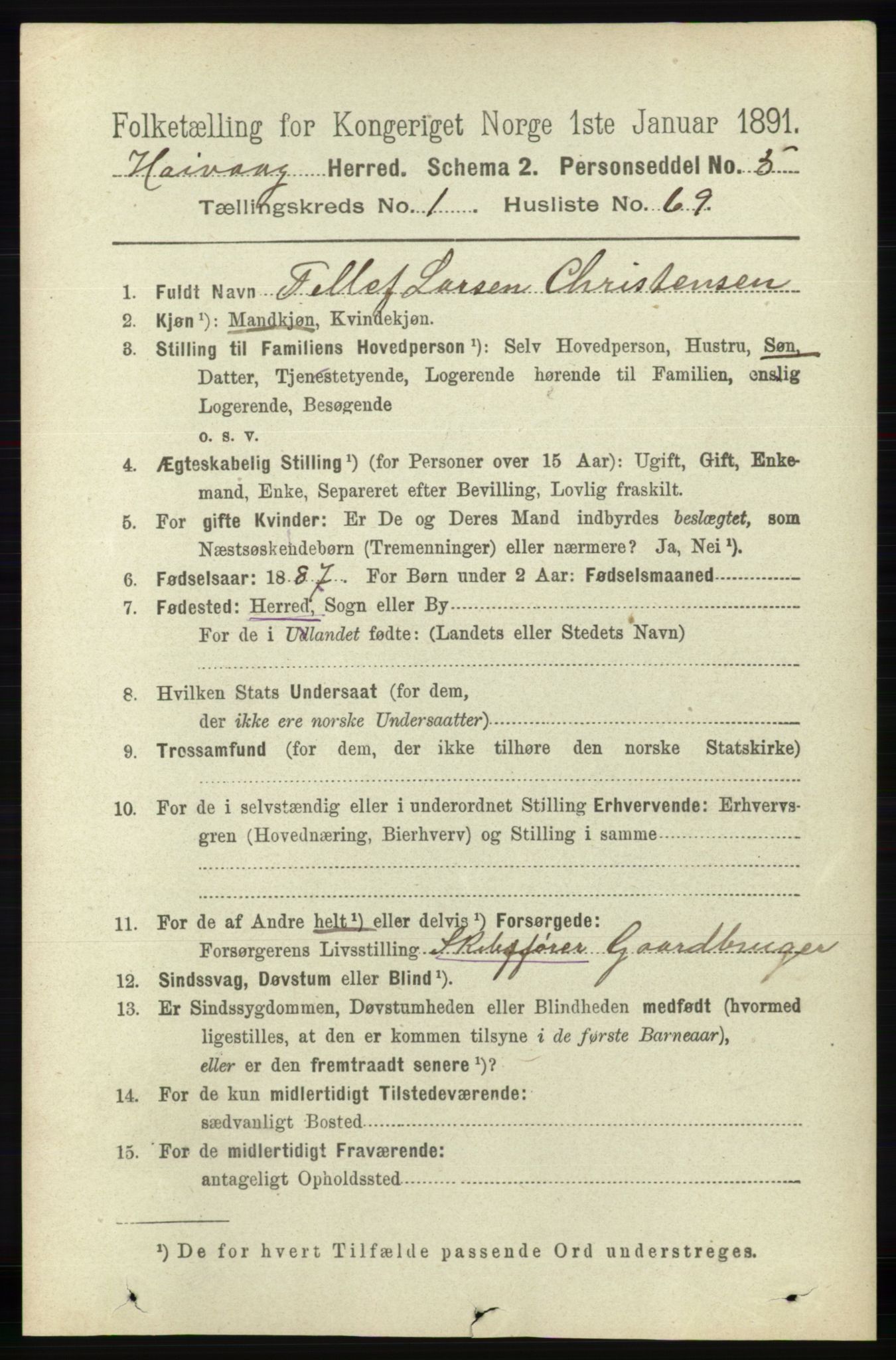 RA, 1891 census for 0927 Høvåg, 1891, p. 452