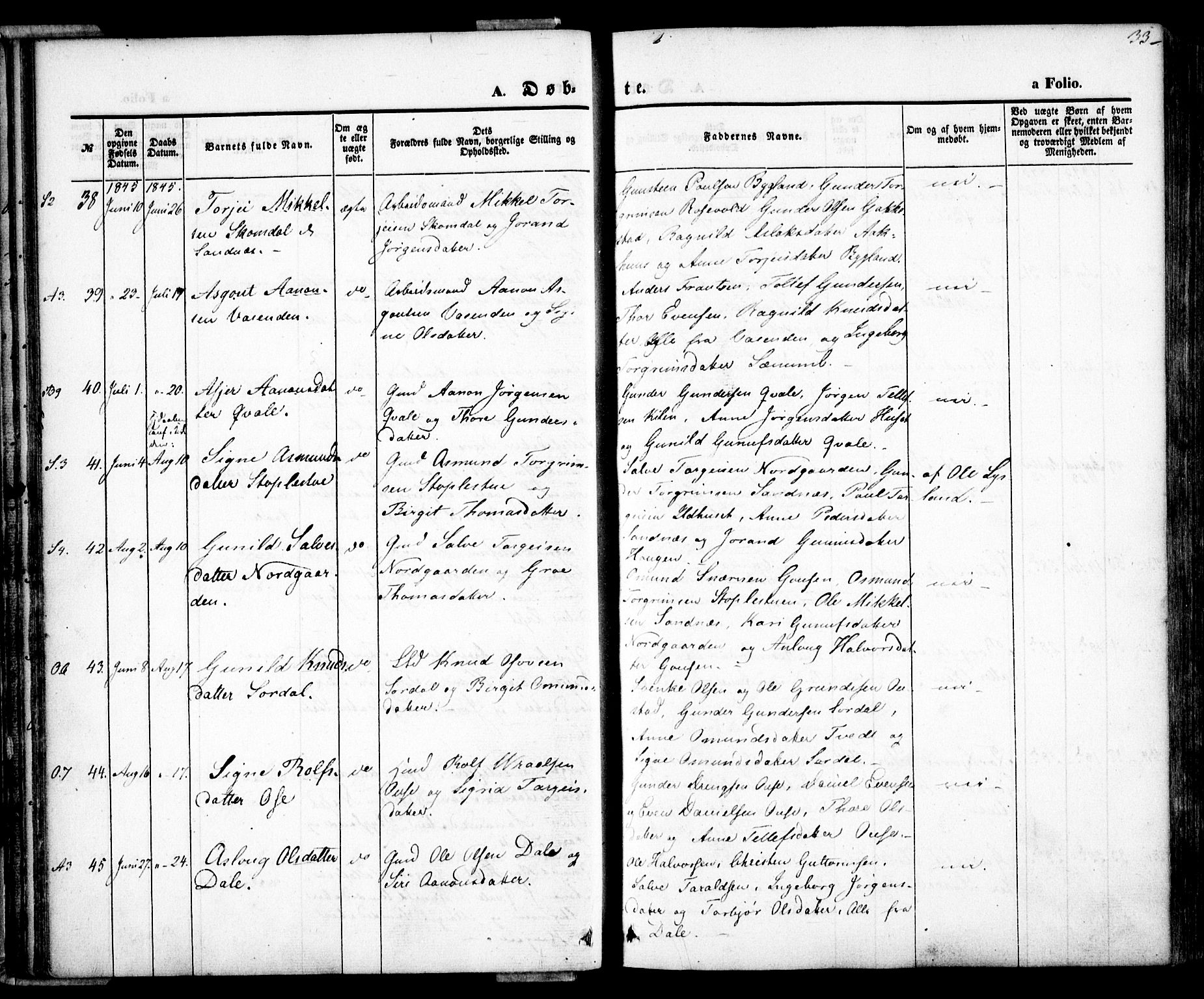 Bygland sokneprestkontor, AV/SAK-1111-0006/F/Fa/Fab/L0004: Parish register (official) no. A 4, 1842-1858, p. 33