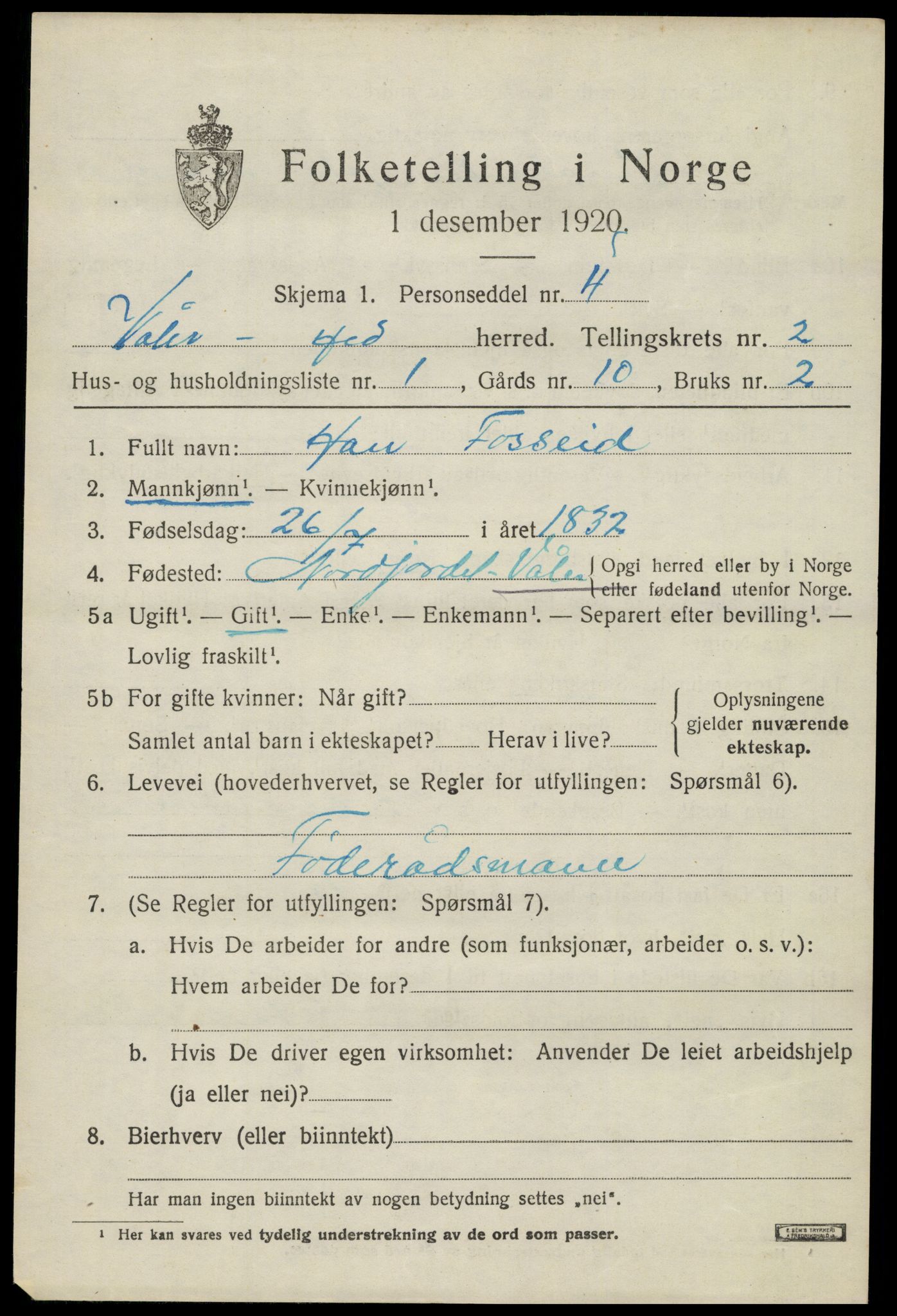 SAH, 1920 census for Våler (Hedmark), 1920, p. 2453