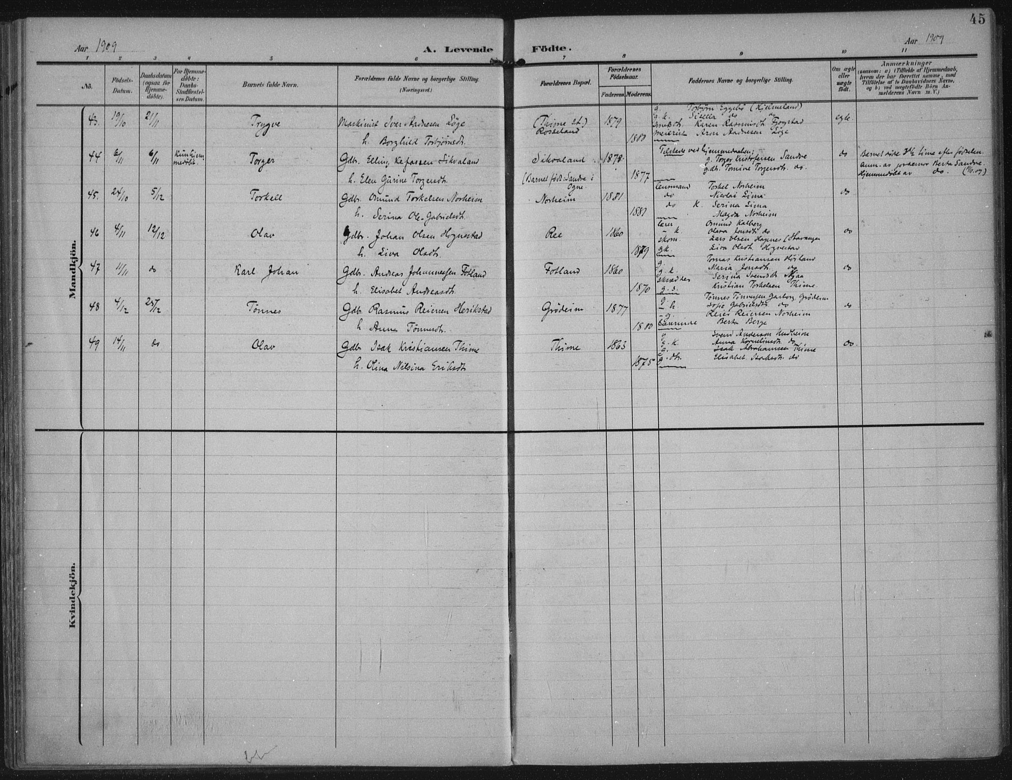 Lye sokneprestkontor, AV/SAST-A-101794/002/A/L0001: Parish register (official) no. A 12, 1904-1920, p. 45