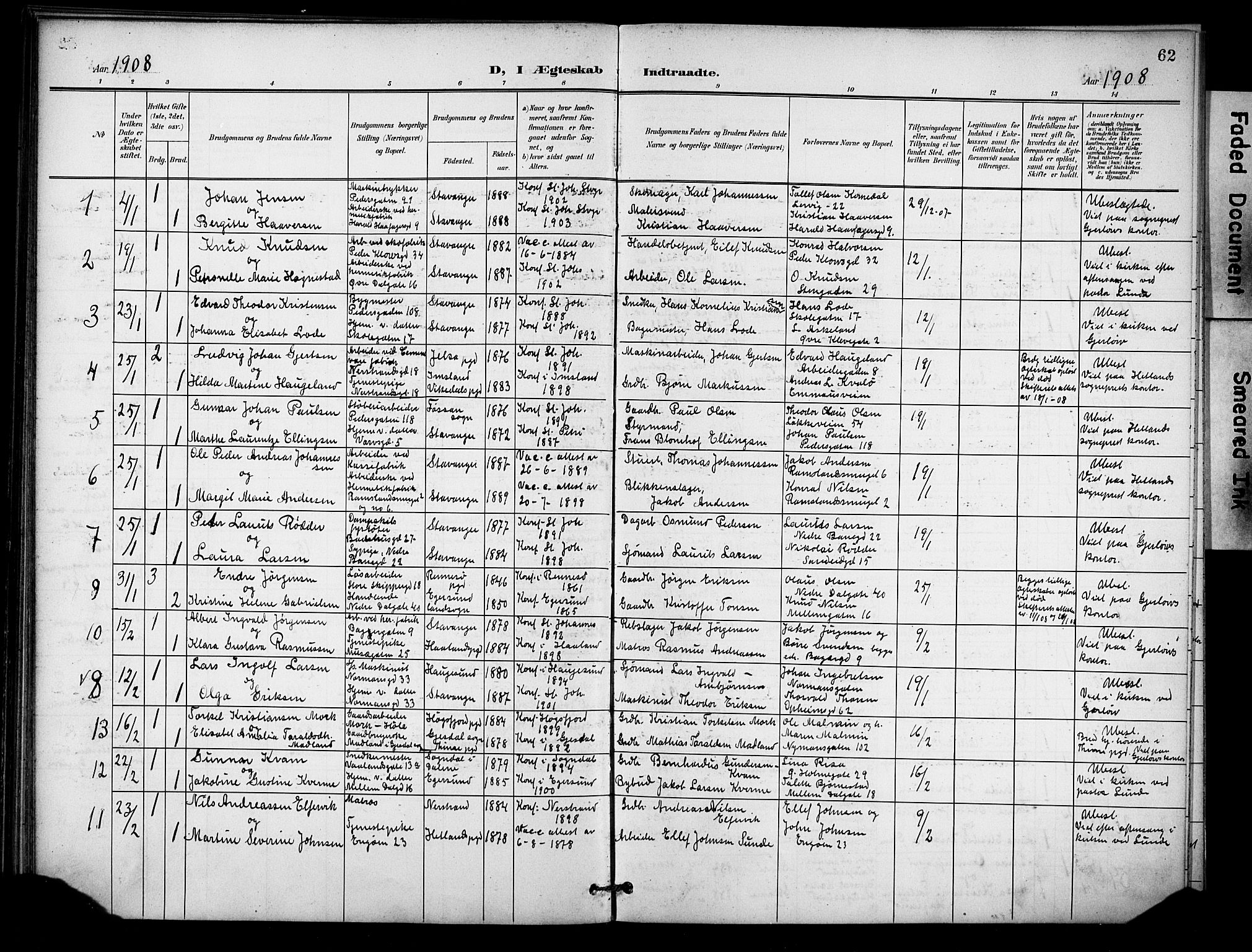 St. Johannes sokneprestkontor, AV/SAST-A-101814/001/30/30BB/L0005: Parish register (copy) no. B 5, 1901-1917, p. 62